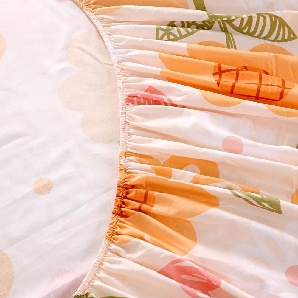 Kwlover Soft Bed Fitted Sheet And Pillowcases Set,Orange Flower Printed Bed Sheets For Kids (Multicolor, Full)