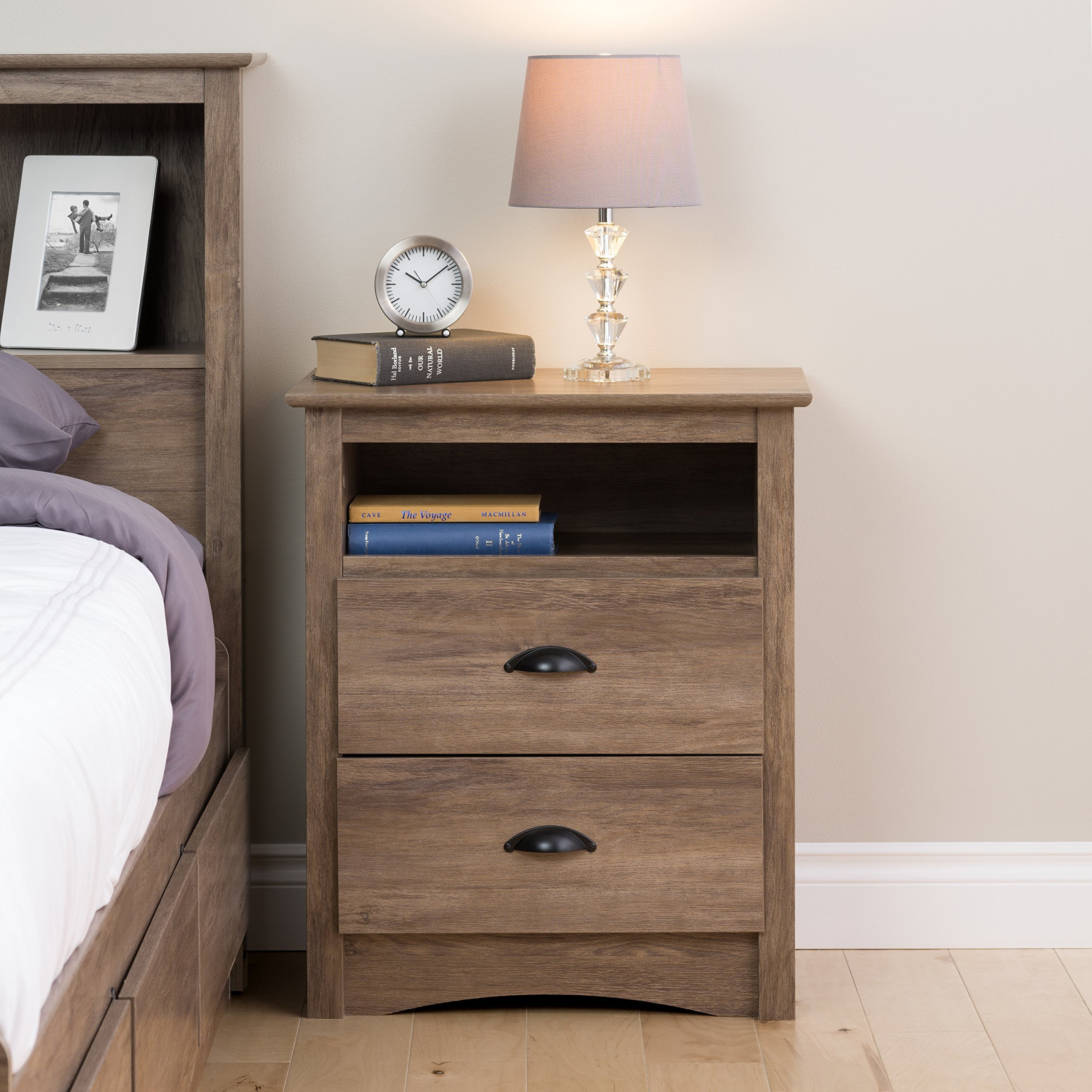 Prepac's Fremont 2 Drawer Nightstand Elegant Bedroom Furniture, Bedside Table With Open Shelf, 23.25"&quotW X 16"&quotD X 28"&quotH, Drifted Gray - Ddc-2428