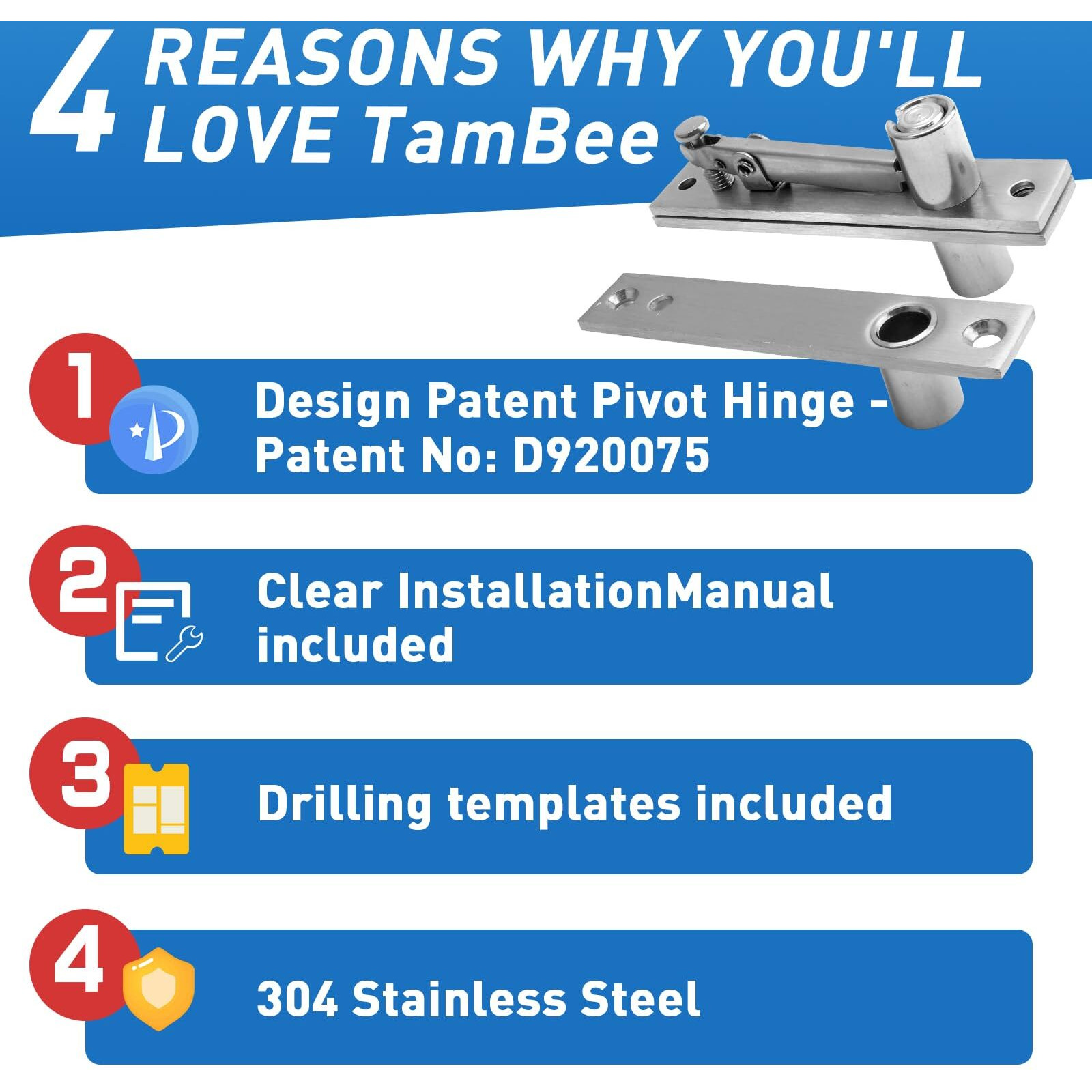 Tambee Door Pivot Hinges Heavy Duty Hinges For Wood Doors 360 Degree Shaft Stainless Steel Pivot Hinge System
