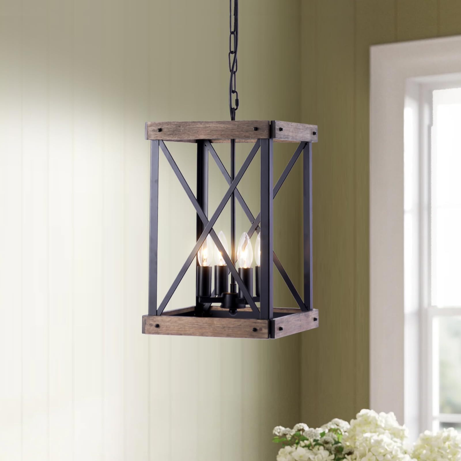 Farmhouse Pendent Lights For Kitchen Island, 4 Lights Rustic Wood Grain Black Cage Hanging Pendant Lamp Fixture For Dining Room Sink Hallway Entryway