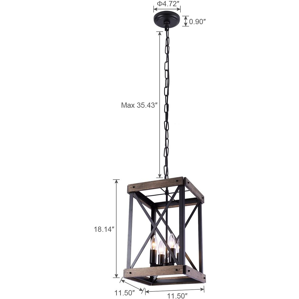 Farmhouse Pendent Lights For Kitchen Island, 4 Lights Rustic Wood Grain Black Cage Hanging Pendant Lamp Fixture For Dining Room Sink Hallway Entryway