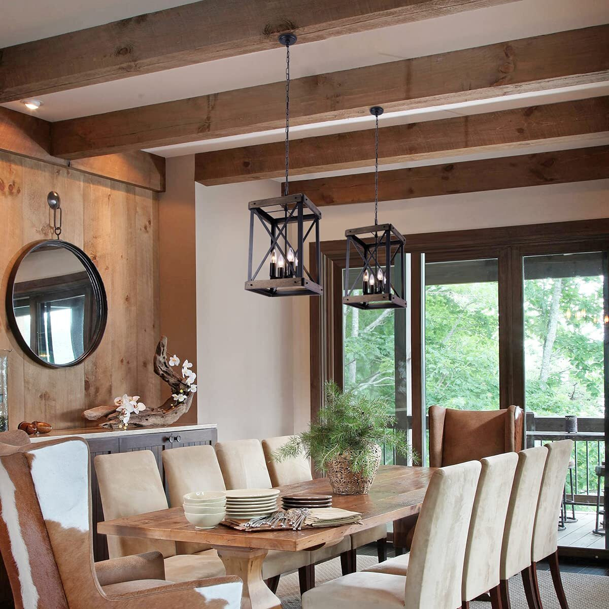 Farmhouse Pendent Lights For Kitchen Island, 4 Lights Rustic Wood Grain Black Cage Hanging Pendant Lamp Fixture For Dining Room Sink Hallway Entryway