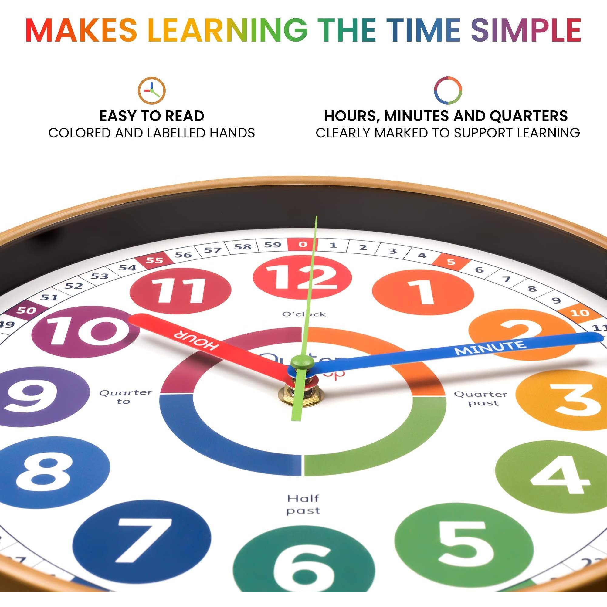 Oyster&Pop Learning Clock For Kids - Silent Telling The Time Teaching Clocks - Non-Ticking Kids Clocks For Bedrooms - Classroom Clocks For Teaching Time - Kids Learn To Tell Time Easily