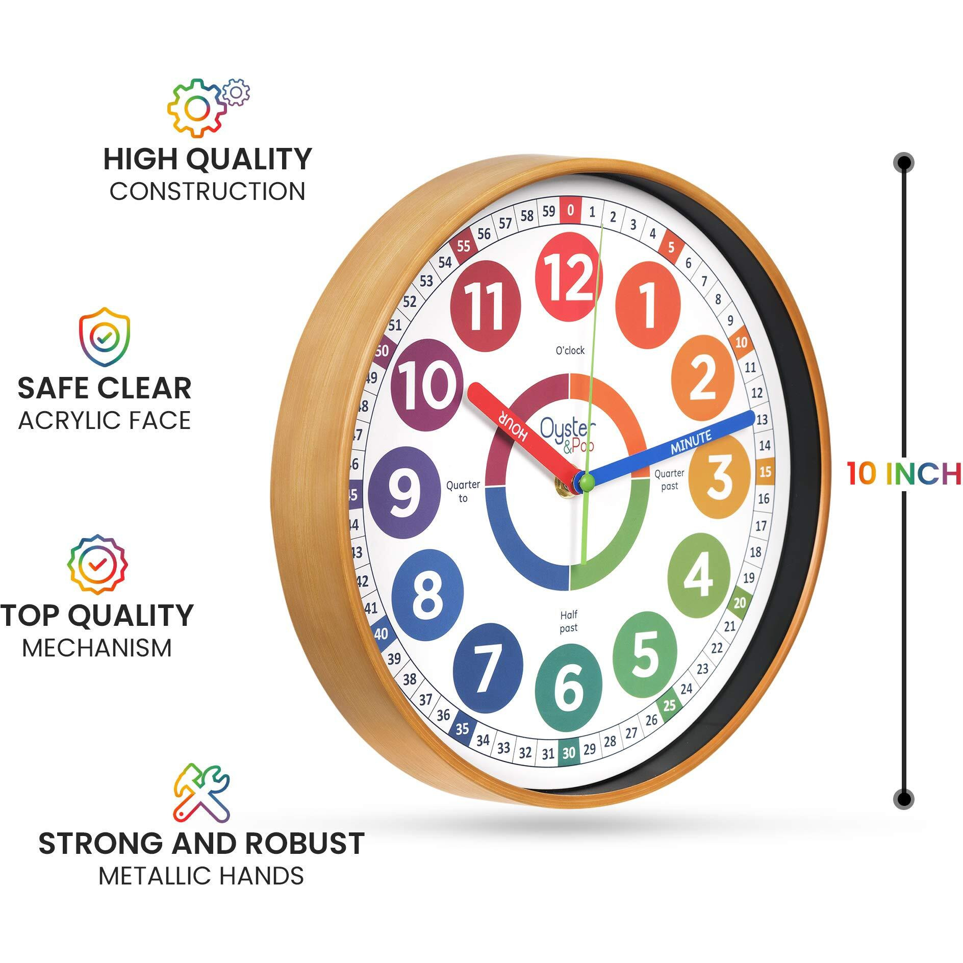 Oyster&Pop Learning Clock For Kids - Silent Telling The Time Teaching Clocks - Non-Ticking Kids Clocks For Bedrooms - Classroom Clocks For Teaching Time - Kids Learn To Tell Time Easily