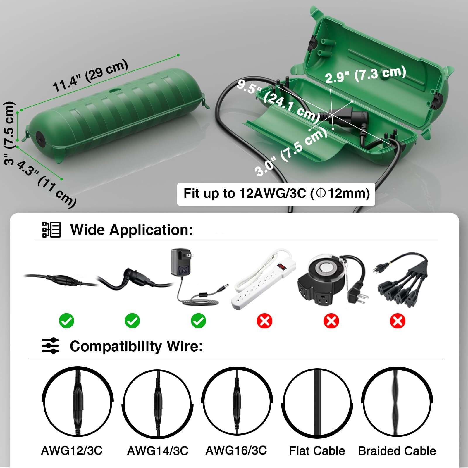 Flemoon Outdoor Extension Cord Safety Cover With Large Housing And Ip44 Waterproof Seal, Weatherproof Electrical Box For Outdoor Plugs And Power Cable Connections, Green