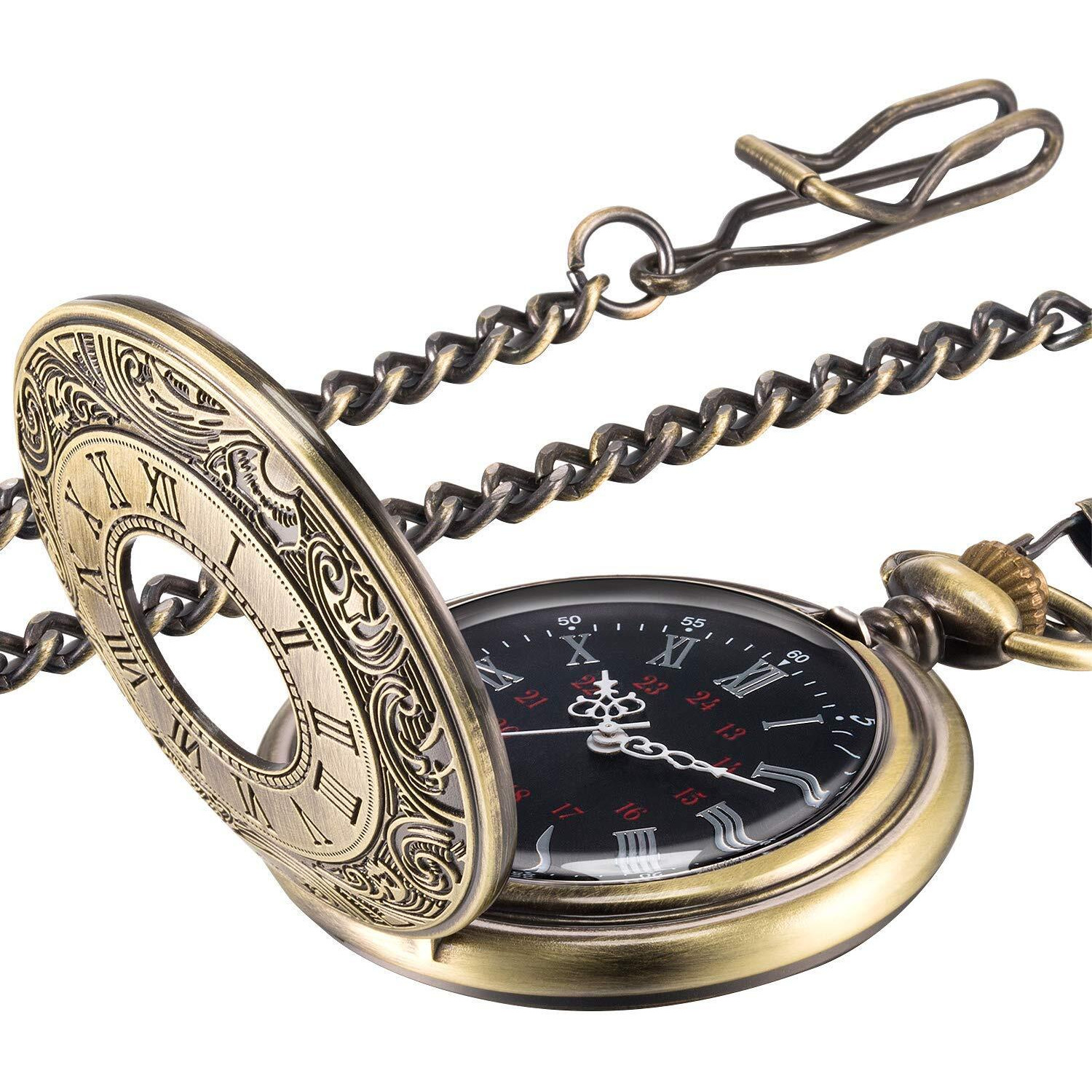 Hicarer Vintage Pocket Watch Steel Men Watch With Chain (Bronze)