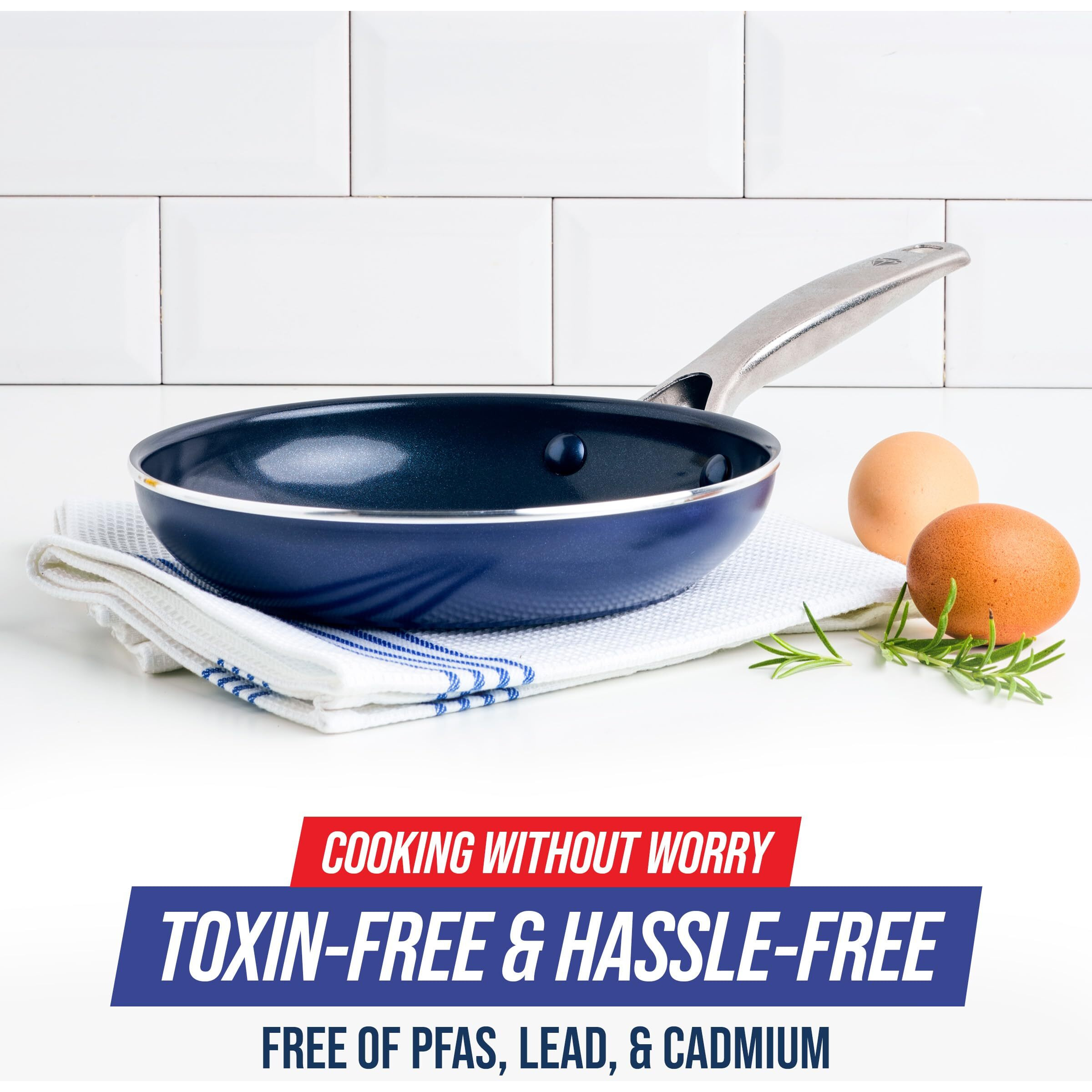 Blue Diamond Frying Pan 8    Skillet, Diamond Infused Healthy Ceramic Nonstick, Pfas And Pfoa-Free, Dishwasher And Oven Safe, Even Heating, Metal Utensil Safe, Warp Control Base, Blue