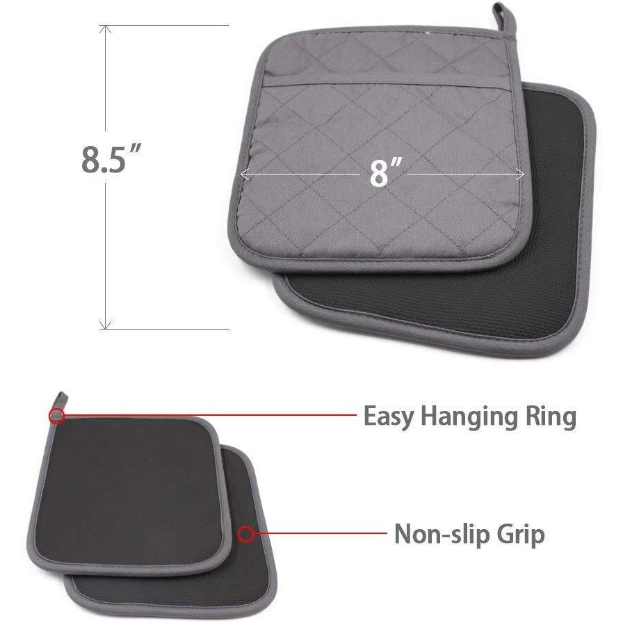 Yekoo 2 Pcs Gray Pot Holders Sets For Kitchen Heat Resistant Oven Hot Pads With Pockets Non Slip Soft Grip Potholders For Baking Cooking 8"&quotX8.5""