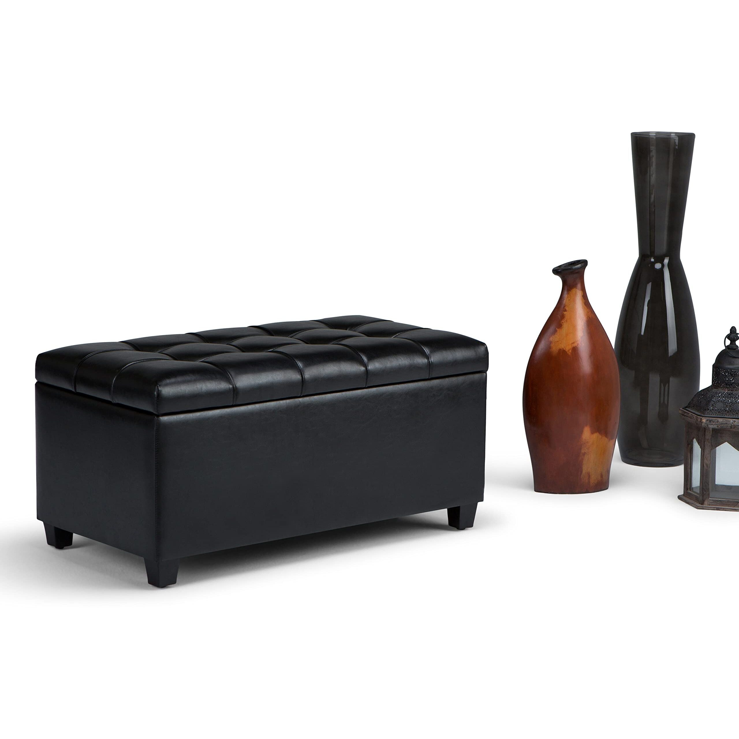 Simplihome Sienna Wide Transitional Rectangle Storage Ottoman Bench Vegan Faux Leather, Assembled, For The Living, Entryway And Family Room, 33 Inch, Midnight Black