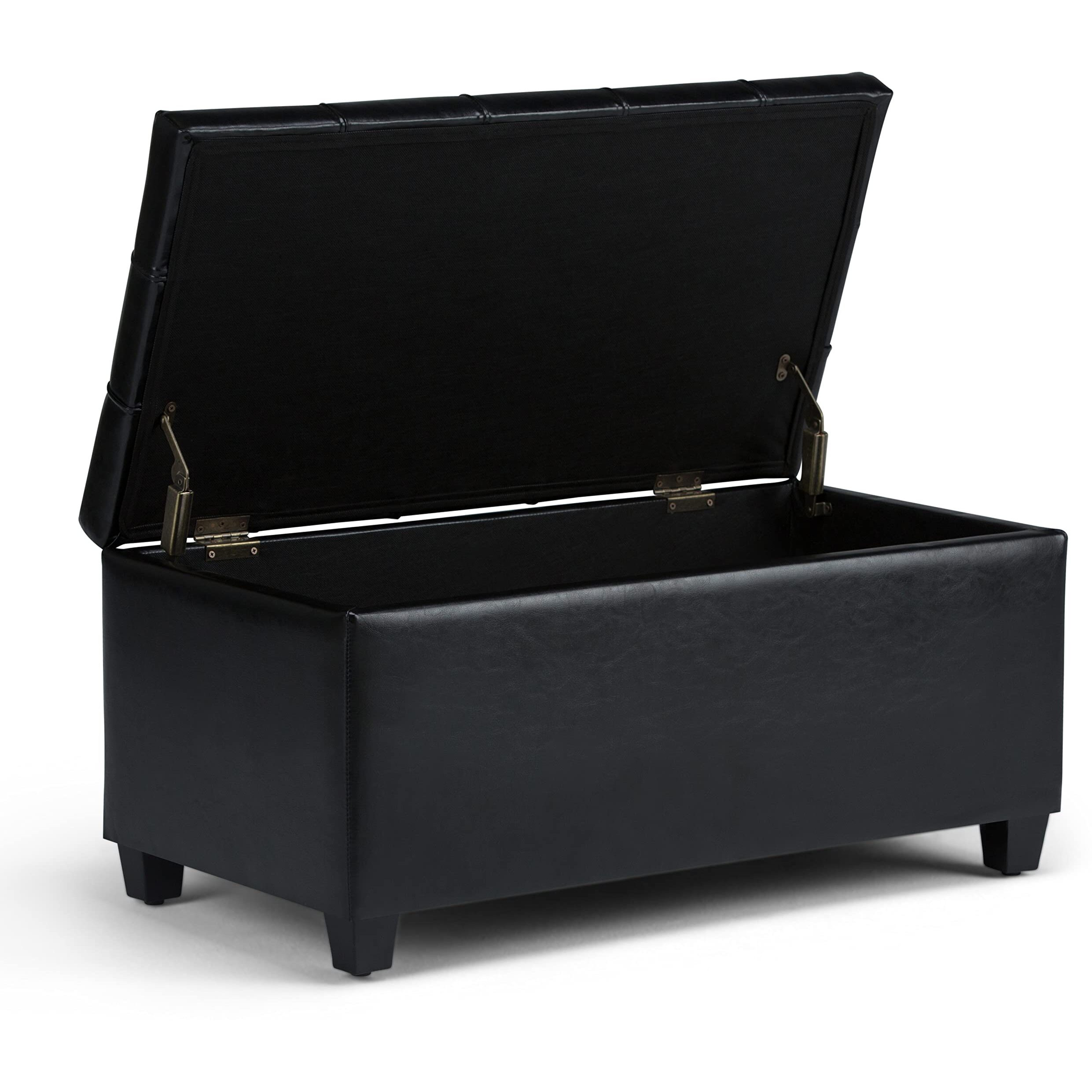 Simplihome Sienna Wide Transitional Rectangle Storage Ottoman Bench Vegan Faux Leather, Assembled, For The Living, Entryway And Family Room, 33 Inch, Midnight Black