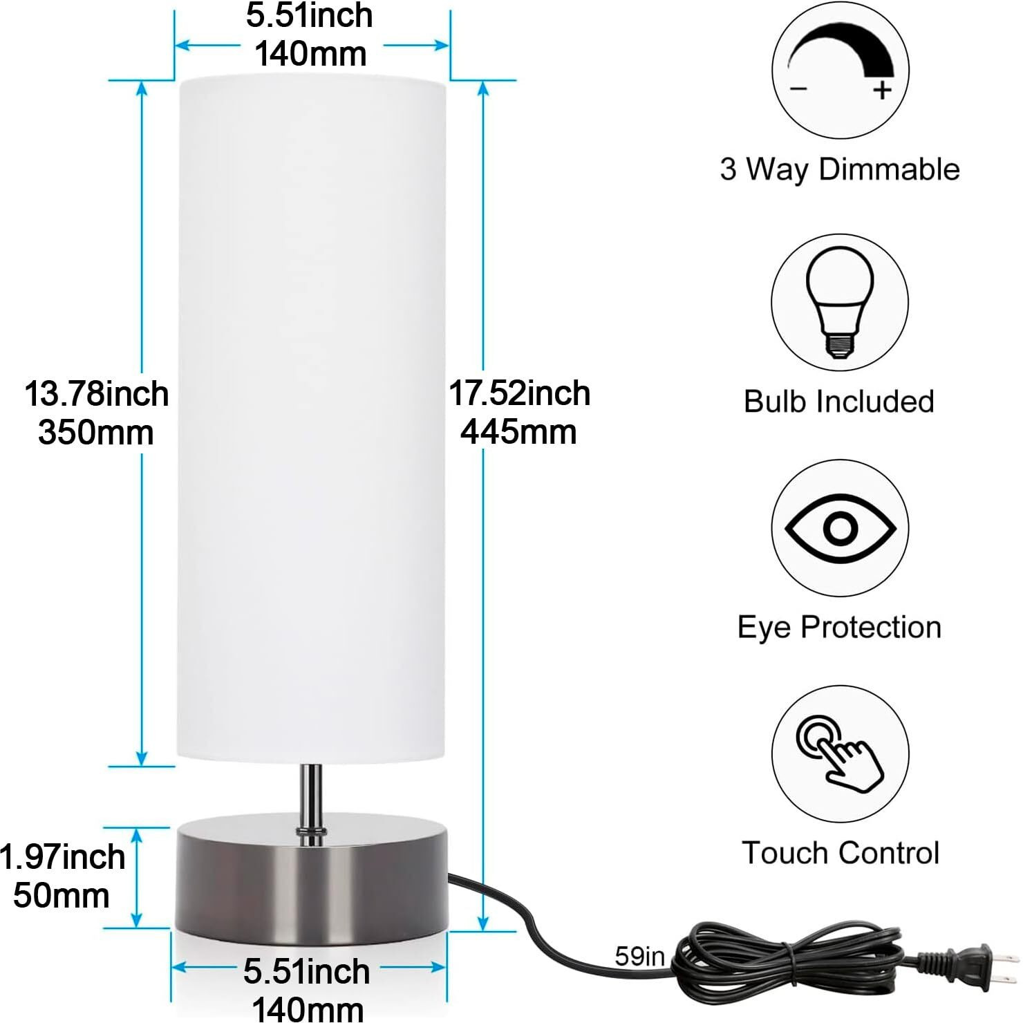 Touch Control Table Lamp Bedside Minimalist Desk Lamp Modern Accent Lamp Dimmable Touch Light With Cylinder Lamp Shade Night Light Nightstand Lamp For Bedroom Living Room Kitchen Led Bulb Included