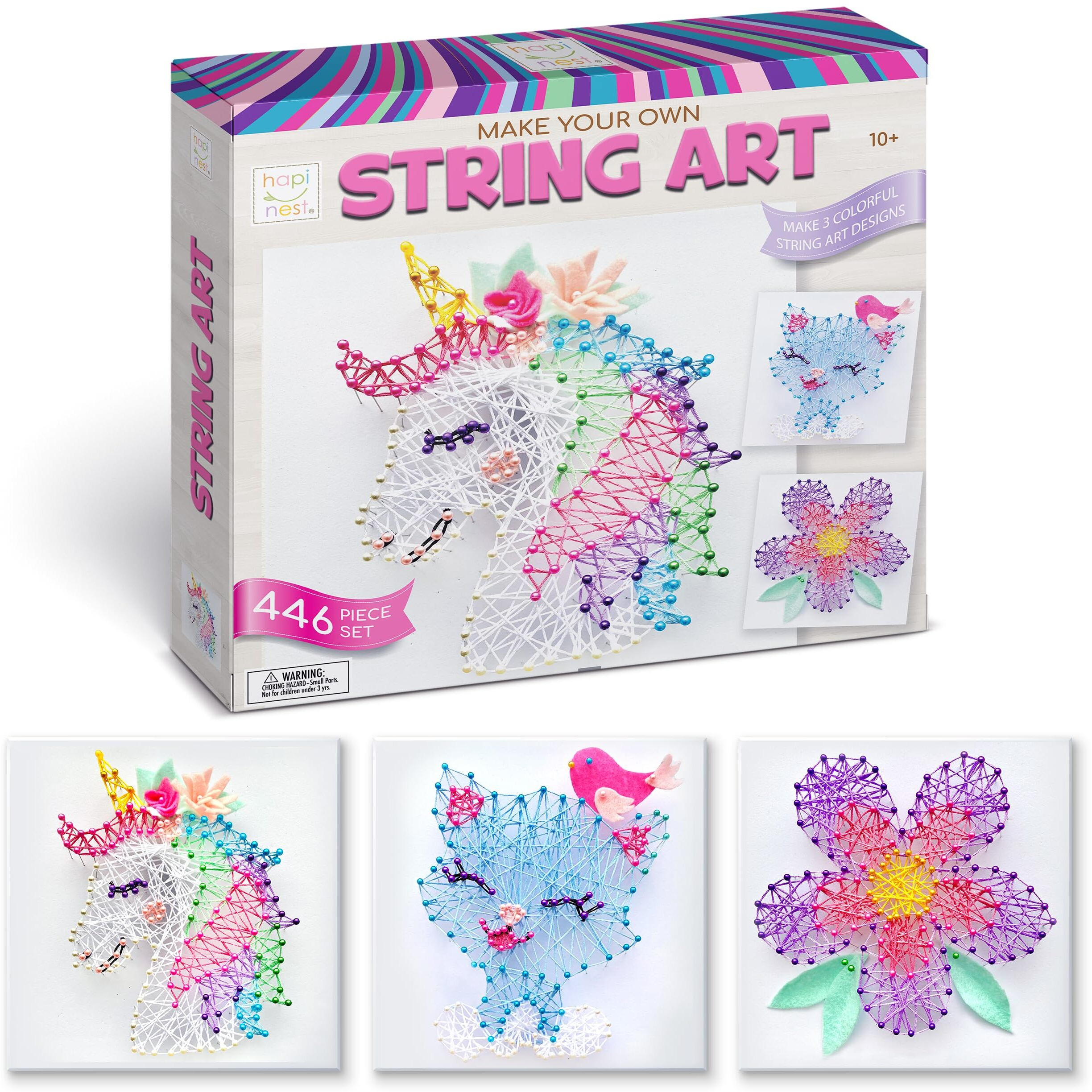Hapinest String Art Craft Kit For Kids Ages 10-12 And Up, 3D String Art Kit Crafts For Teens, Birthday Gifts For Tween Girls Ages 10 11 12 Years Old And Up, Makes 3 Designs - Unicorn, Cat, And Flower