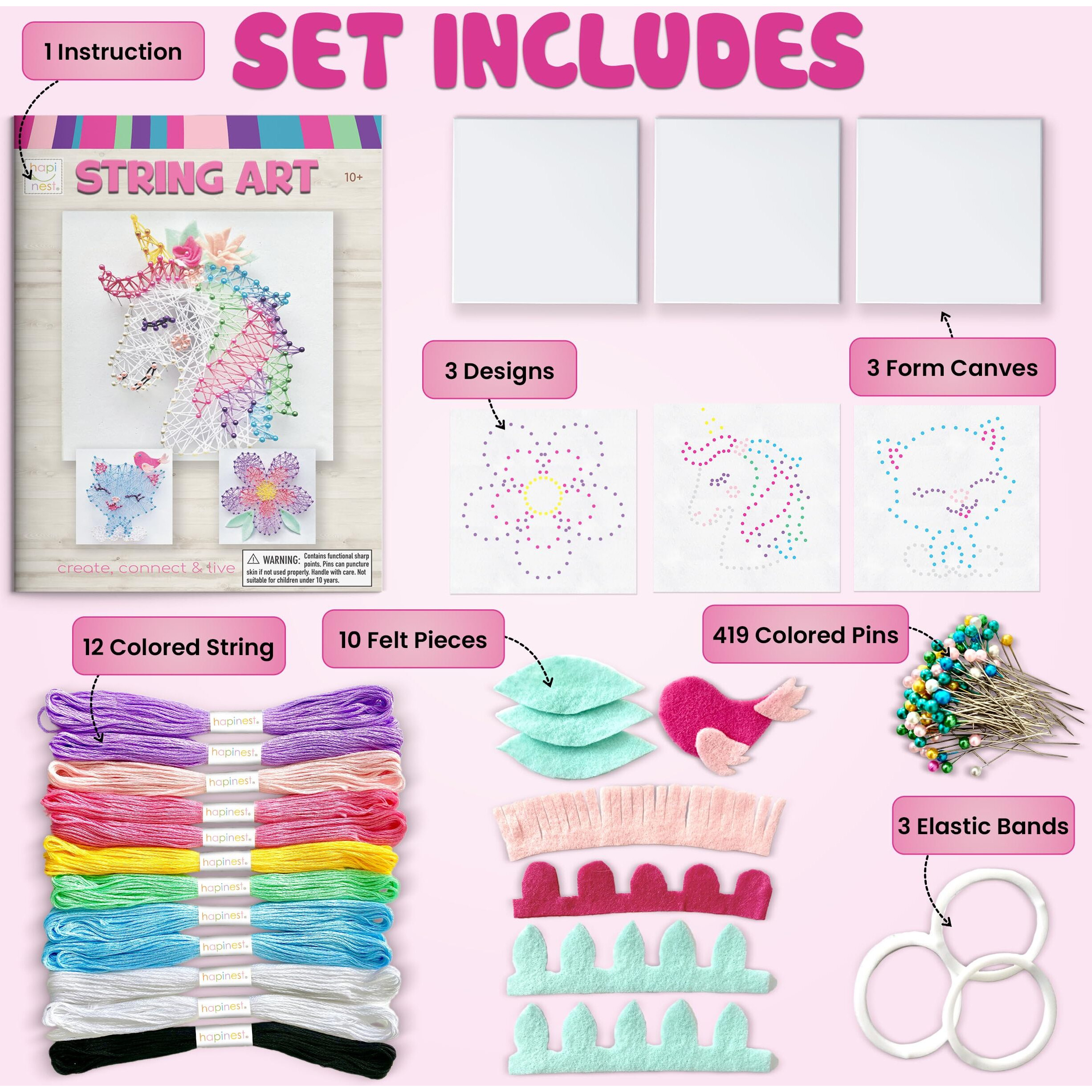 Hapinest String Art Craft Kit For Kids Ages 10-12 And Up, 3D String Art Kit Crafts For Teens, Birthday Gifts For Tween Girls Ages 10 11 12 Years Old And Up, Makes 3 Designs - Unicorn, Cat, And Flower