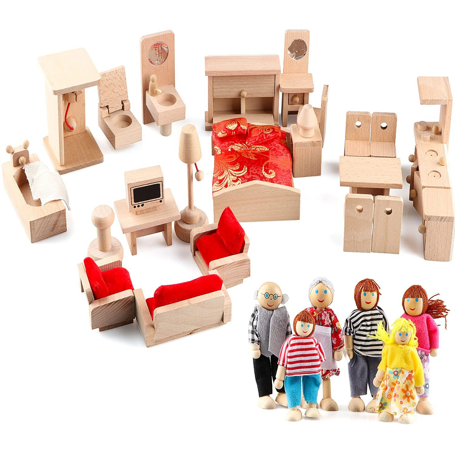 5 Set Dollhouse Furniture Accessories Wooden Bathroom/Living Room/Dining Room/Bedroom/Kitchen House 6 Family Doll Decoration Pretend Play Kids Christmas Birthday Gifts For Girls Toys 40 Pcs
