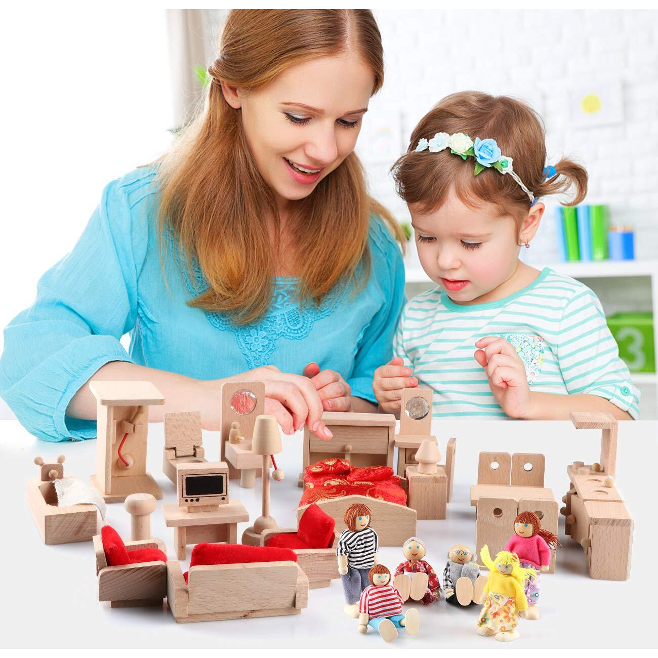 5 Set Dollhouse Furniture Accessories Wooden Bathroom/Living Room/Dining Room/Bedroom/Kitchen House 6 Family Doll Decoration Pretend Play Kids Christmas Birthday Gifts For Girls Toys 40 Pcs