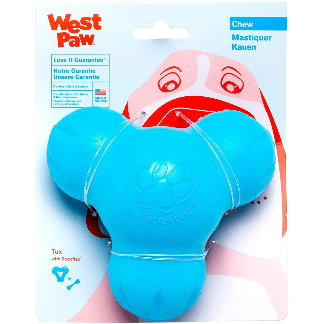 West Paw Zogoflex Tux Treat Dispensing Dog Chew Toy - Interactive Chewing Toy For Dogs - Dog Enrichment Toy - Dog Games For Aggressive Chewers, Fetch, Catch - Holds Kibble, Treats, Small 4"", Aqua Blue