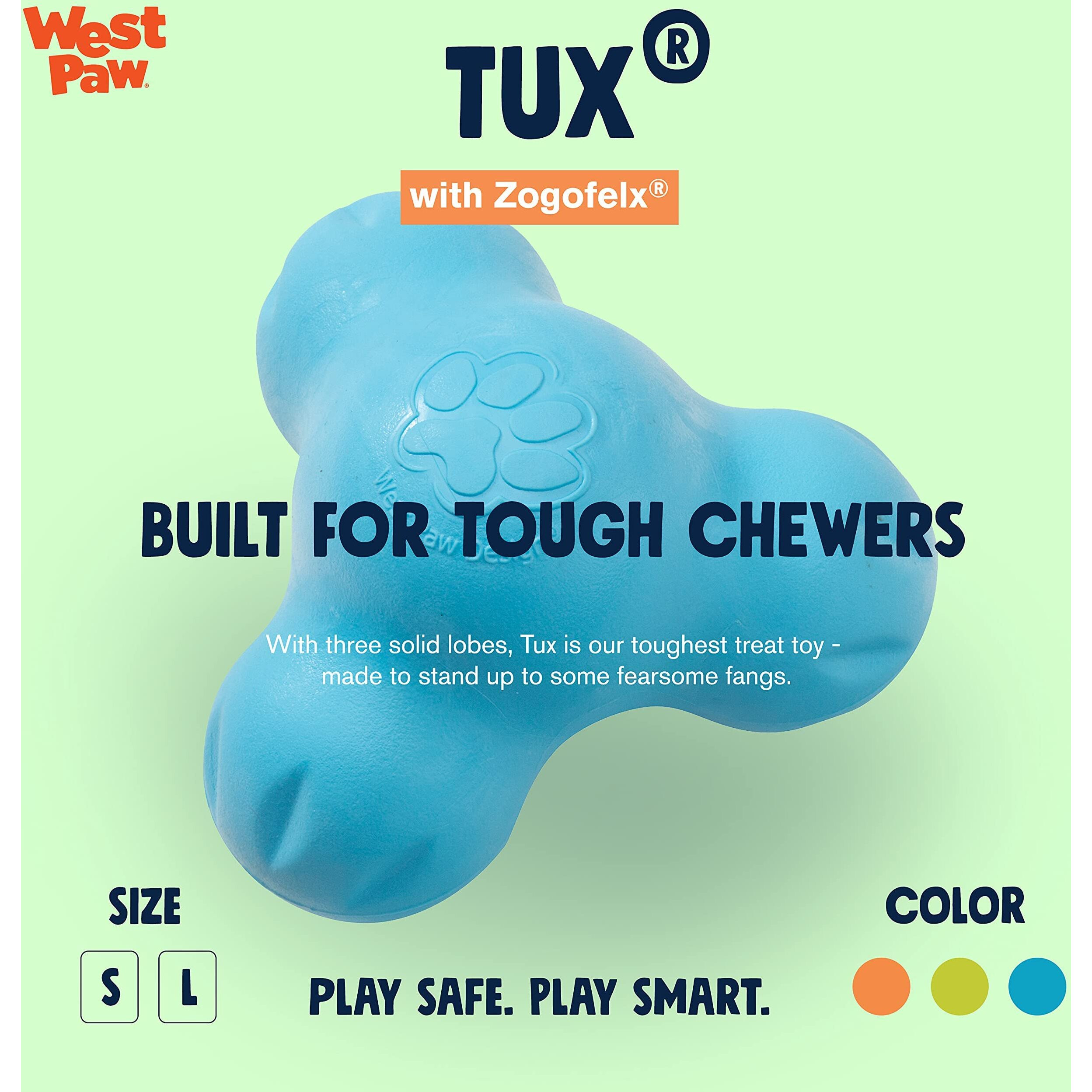 West Paw Zogoflex Tux Treat Dispensing Dog Chew Toy - Interactive Chewing Toy For Dogs - Dog Enrichment Toy - Dog Games For Aggressive Chewers, Fetch, Catch - Holds Kibble, Treats, Small 4"", Aqua Blue