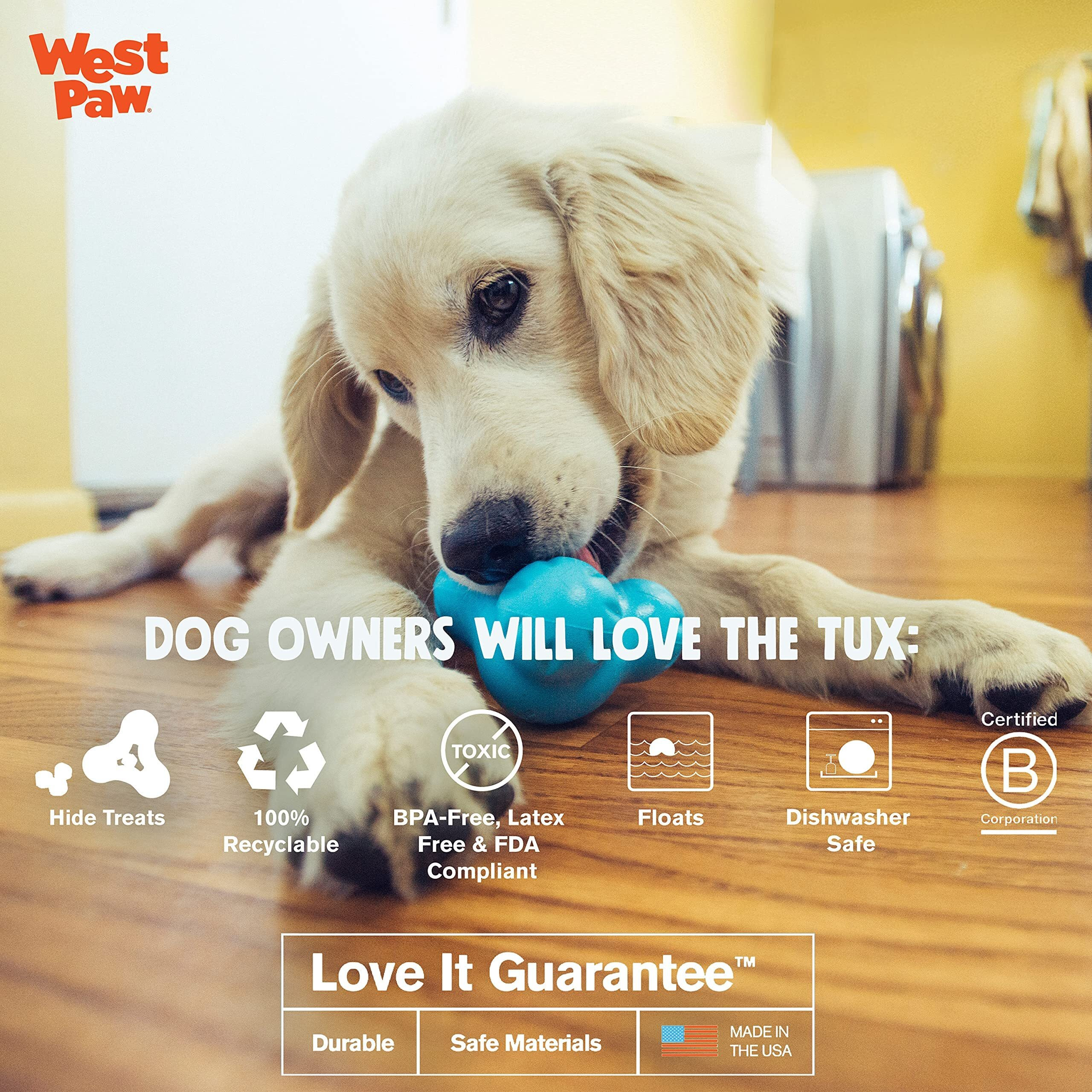 West Paw Zogoflex Tux Treat Dispensing Dog Chew Toy - Interactive Chewing Toy For Dogs - Dog Enrichment Toy - Dog Games For Aggressive Chewers, Fetch, Catch - Holds Kibble, Treats, Small 4"", Aqua Blue