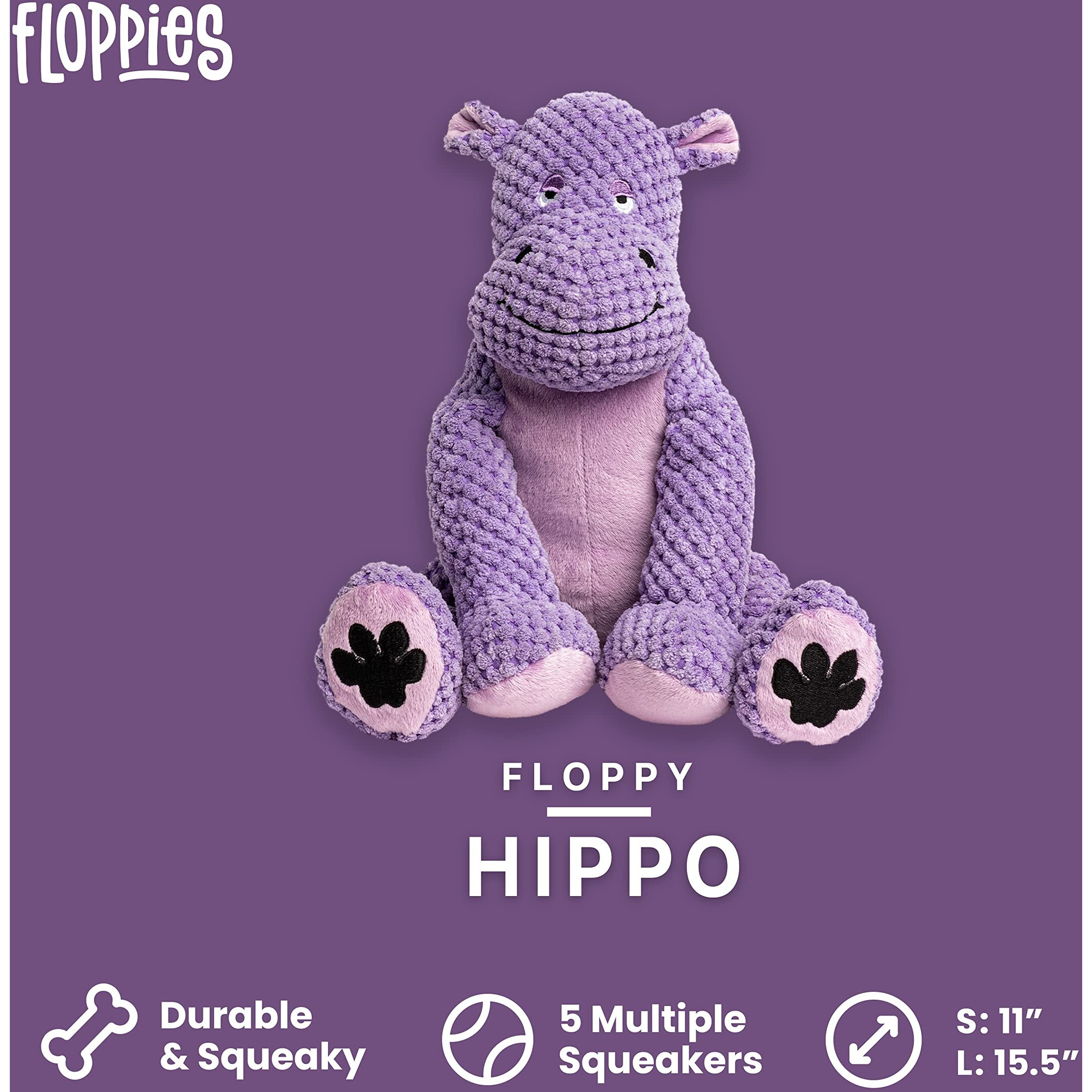 Fabdog Floppies Plush Dog Toy - Cute & Durable Squeaky Dog Toys - Best Squeak Toy For Puppies And All Breeds | Ideal Pet Gift| Large Hippo