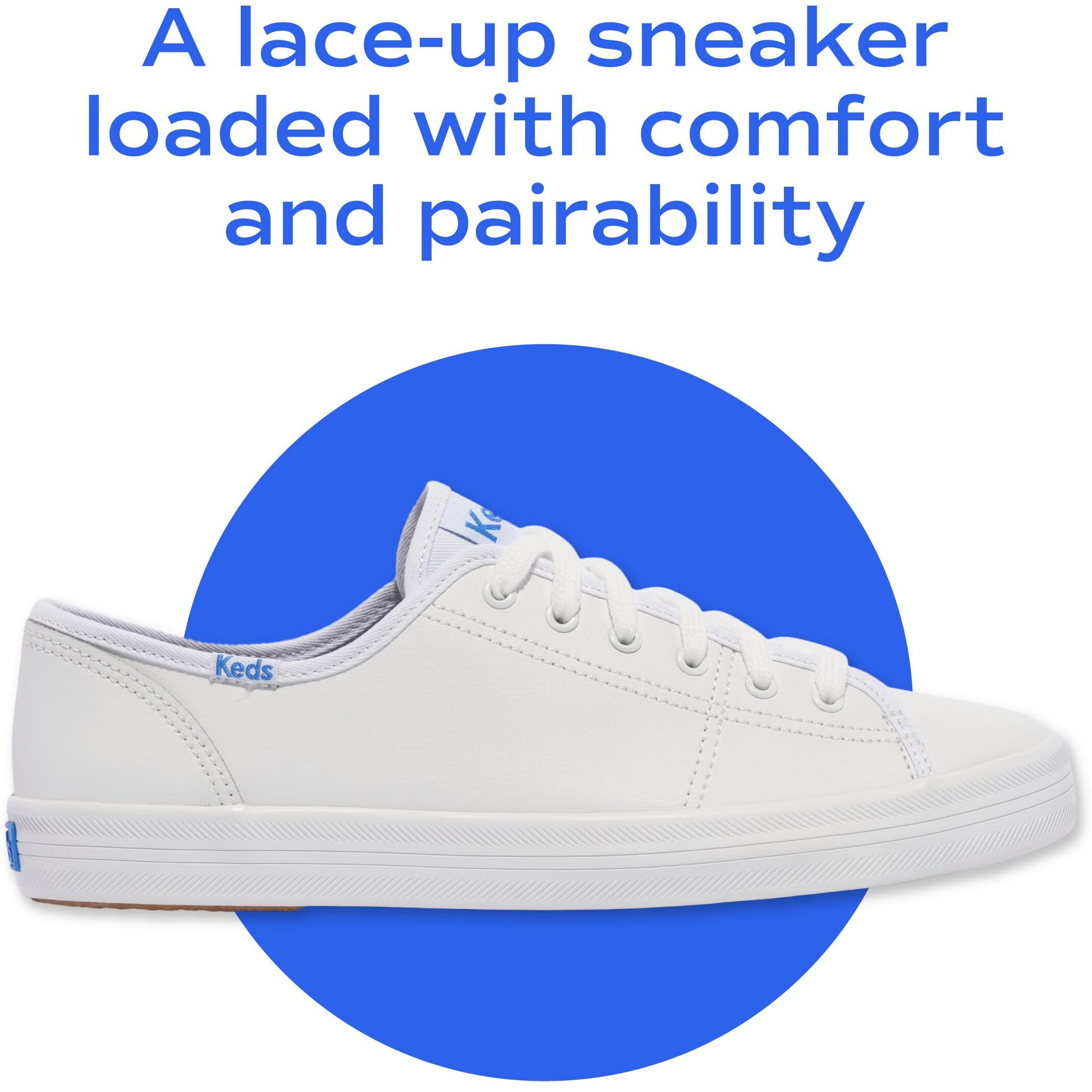 Keds Kickstart Lace Up, Sneaker Womens, White/Blue Leather, 8 Medium