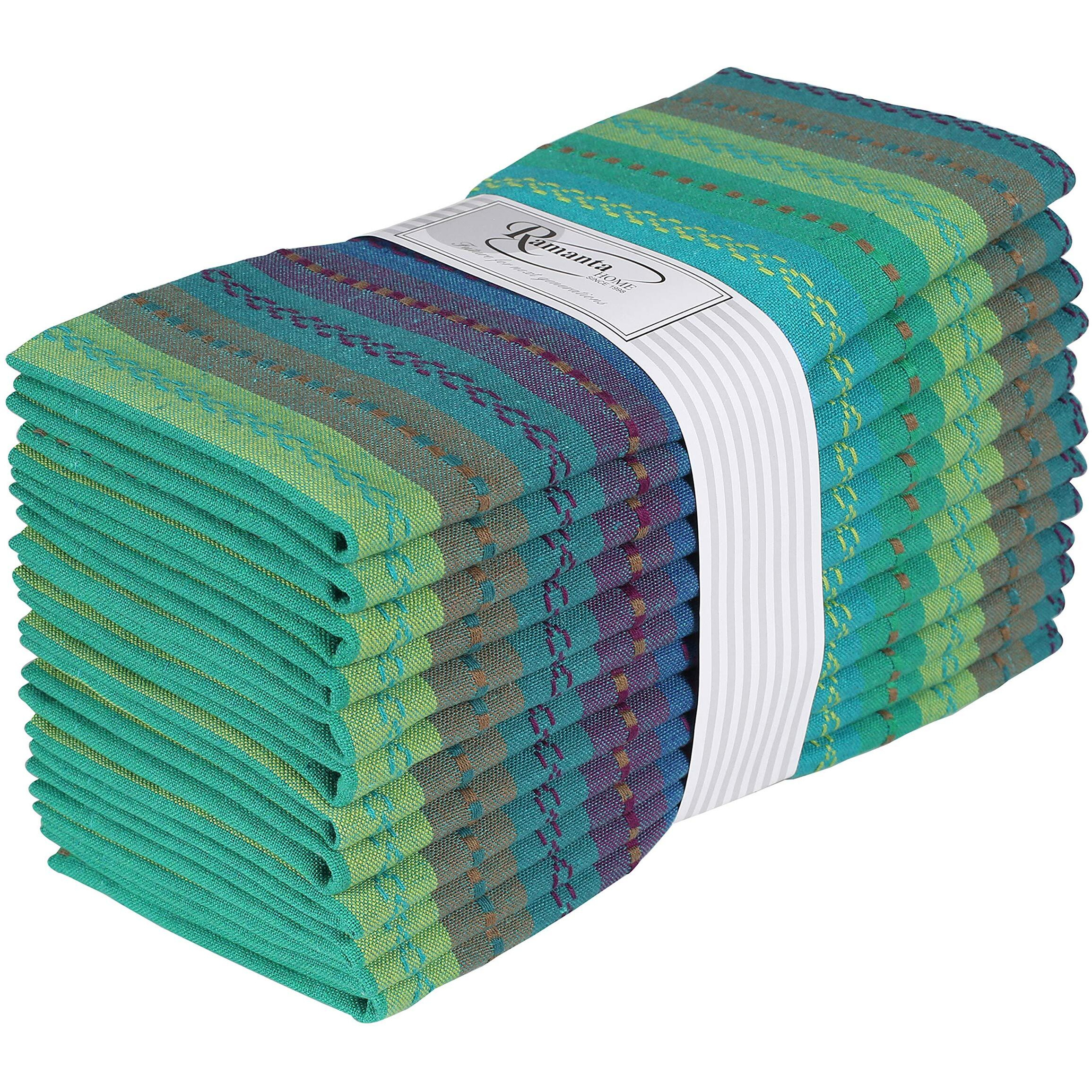 Ramanta Home 100% Cotton Dinner Napkin 12-Pack Of Salsa Stripe Oversized 20X20 Inch Best For Cocktail And Everyday Use Mitered Corners & Generous Hem - Teal Multi