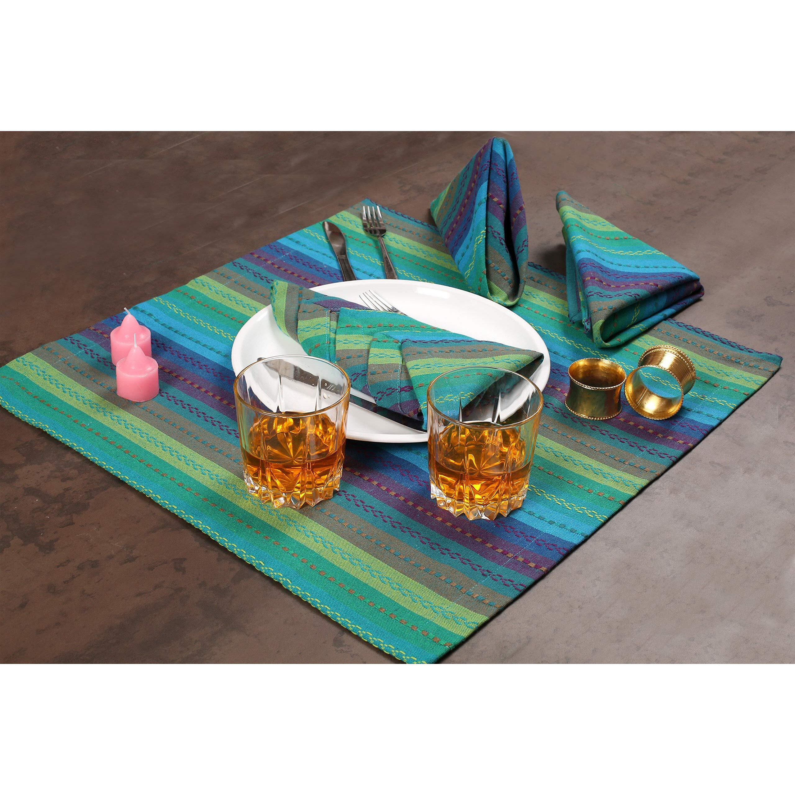 Ramanta Home 100% Cotton Dinner Napkin 12-Pack Of Salsa Stripe Oversized 20X20 Inch Best For Cocktail And Everyday Use Mitered Corners & Generous Hem - Teal Multi