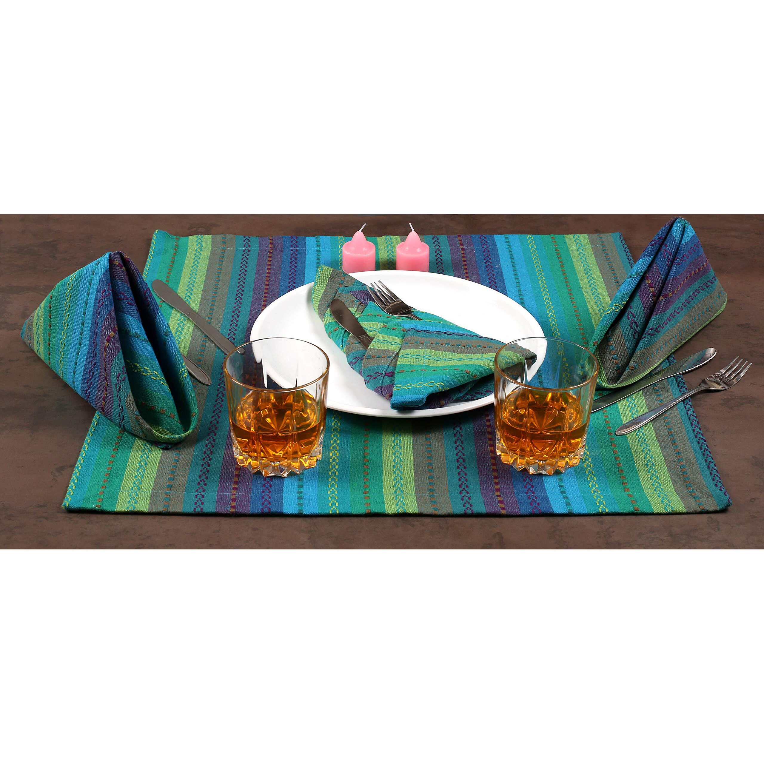 Ramanta Home 100% Cotton Dinner Napkin 12-Pack Of Salsa Stripe Oversized 20X20 Inch Best For Cocktail And Everyday Use Mitered Corners & Generous Hem - Teal Multi