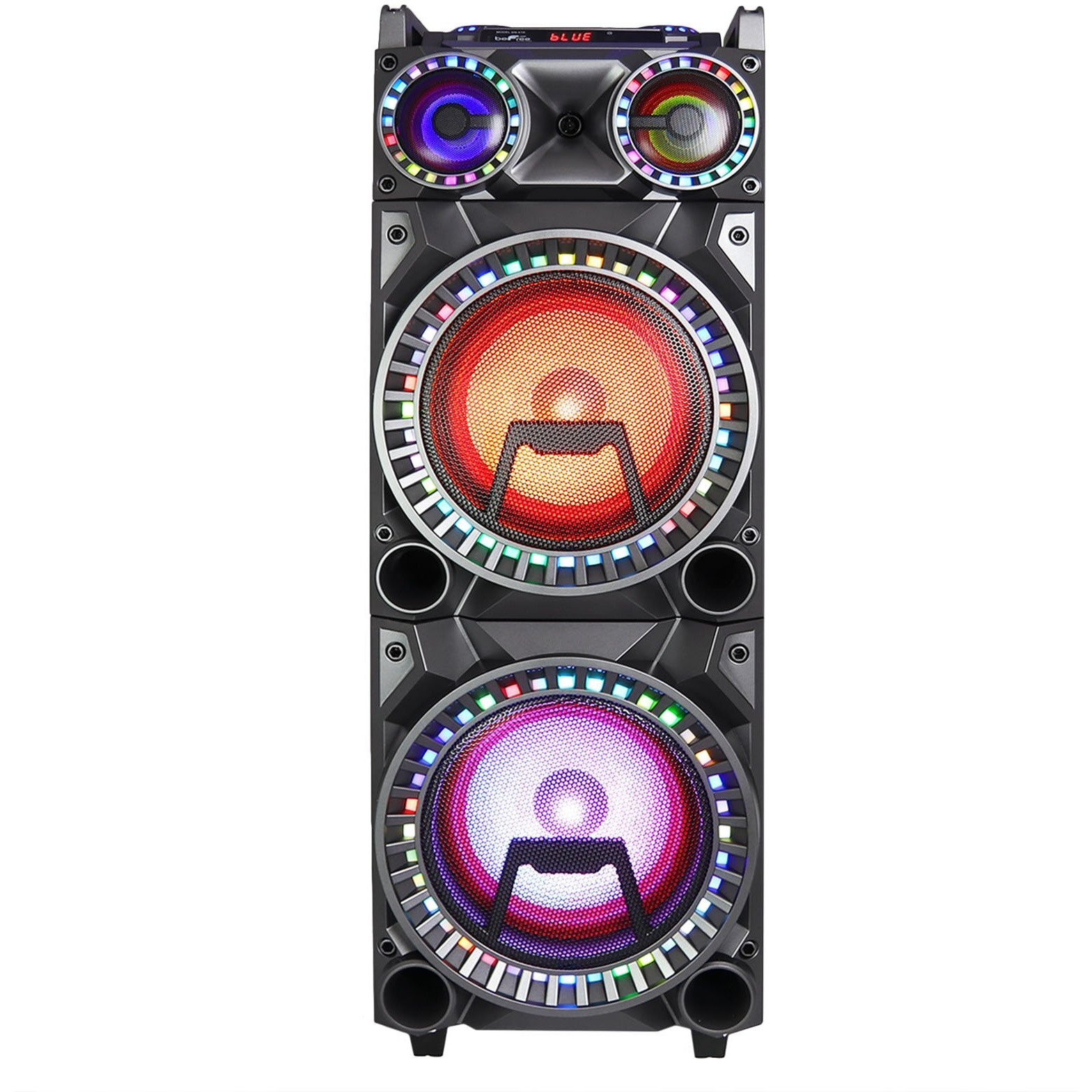 Befree Sound Dual 10 Inch Subwoofer Bluetooth Portable Party Speaker With Sound Reactive Party Lights, Usb/Sd Input, Rechargeable Battery, Remote Control And 2 Wireless Microphones