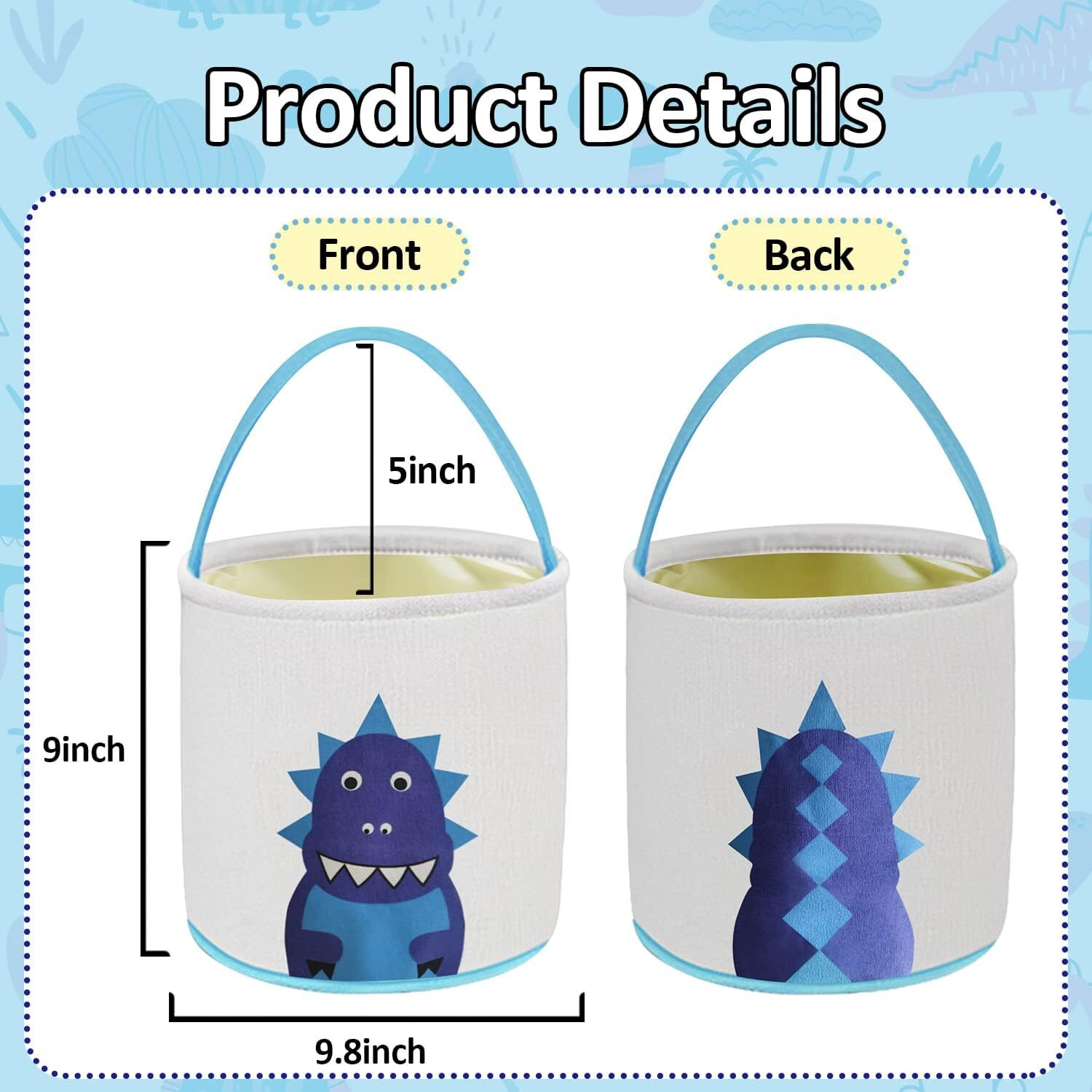 Leesgel Easter Baskets, Dinosaur Easter Basket For Kids, Easter Egg Hunt Basket With Handle Easter Buckets Easter Party Supplies Gifts Bags Toys Storage Bags