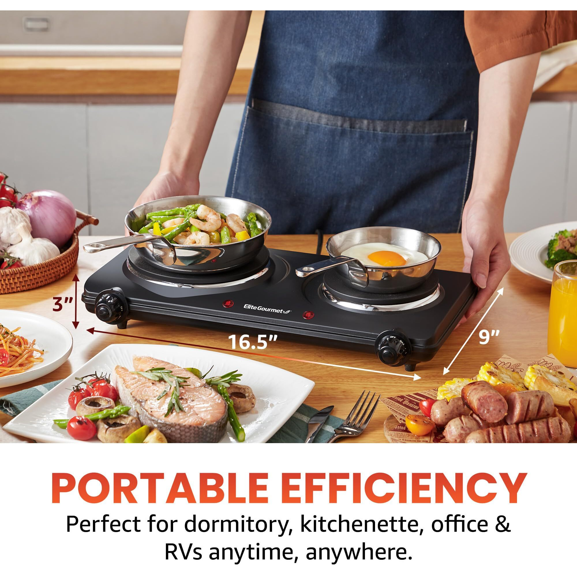 Elite Gourmet Edb-302Bf Countertop Double Cast Iron Burner, 1500 Watts Electric Hot Plate, Temperature Controls, Power Indicator Lights, Easy To Clean, Black