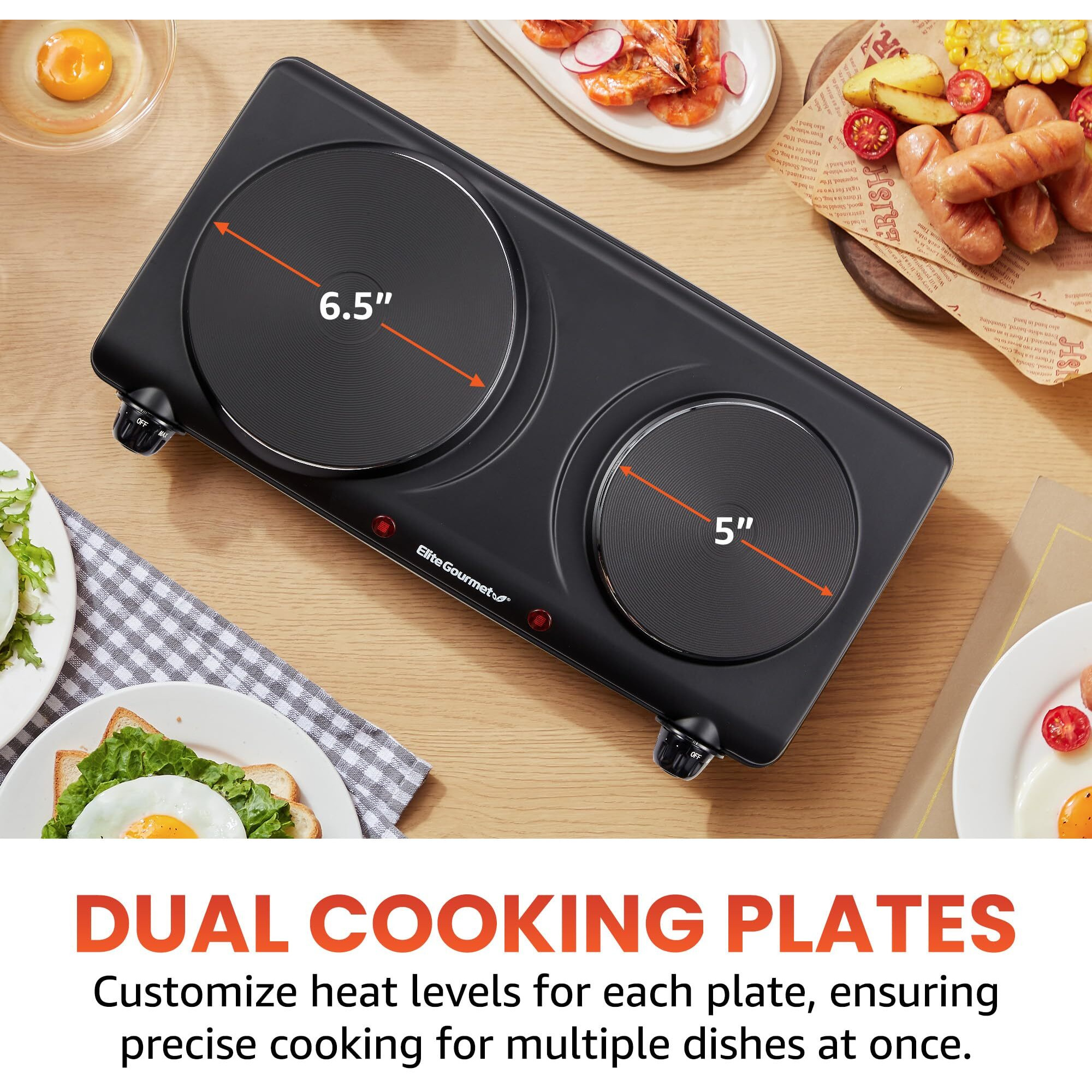 Elite Gourmet Edb-302Bf Countertop Double Cast Iron Burner, 1500 Watts Electric Hot Plate, Temperature Controls, Power Indicator Lights, Easy To Clean, Black