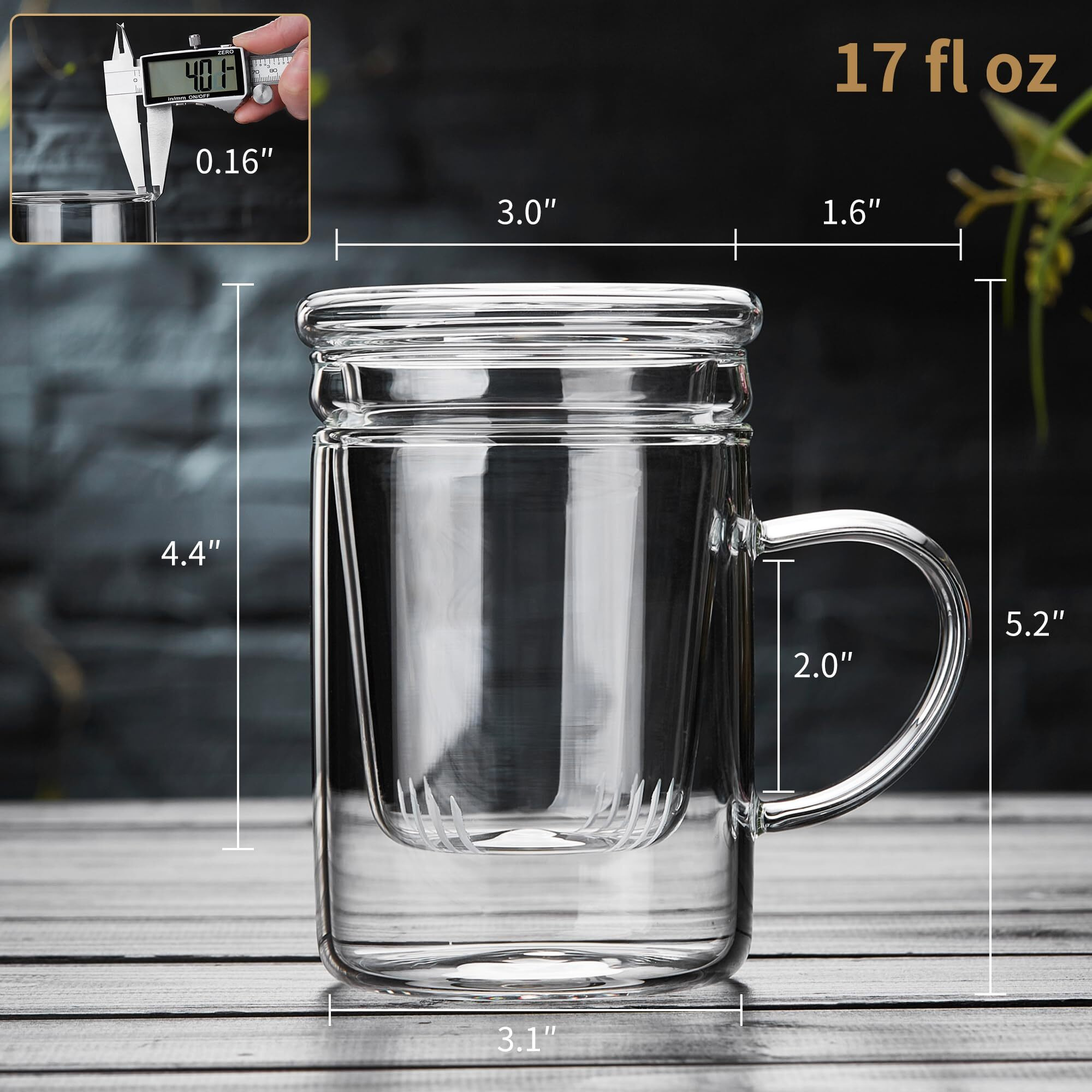 Unbreakable Glass Tea Cup With Infuser And Lid 17 Fl Oz, Heat Resistant Borosilicate Glass, Tea Infuser Mug For Blooming And Loose Leaf Tea, Gas Stovetop Safe