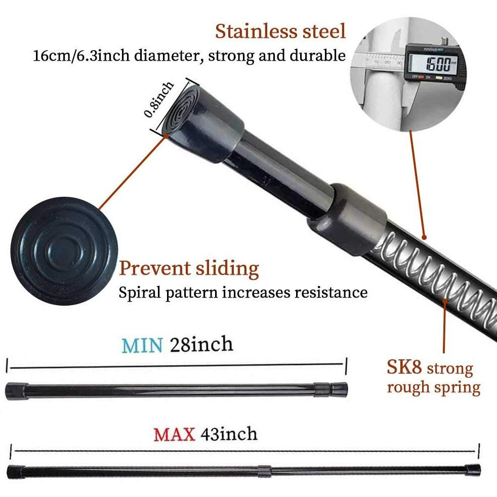 2Pcs Adjustable Tension Curtain Rod, 28 To 43 Inches Spring Rods Closet Rod Cupboard Bars Spring Loaded Curtain Rods Tensions Rod For Windows,Kitchen, Bathroom,Cupboard,Wardrobe (Black)