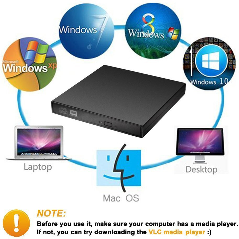 Blingco External Cd Dvd Drive, Usb 2.0 Slim Protable External Cd-Rw Drive Dvd-Rw Burner Writer Player For Laptop Notebook Pc Desktop Computer, Black