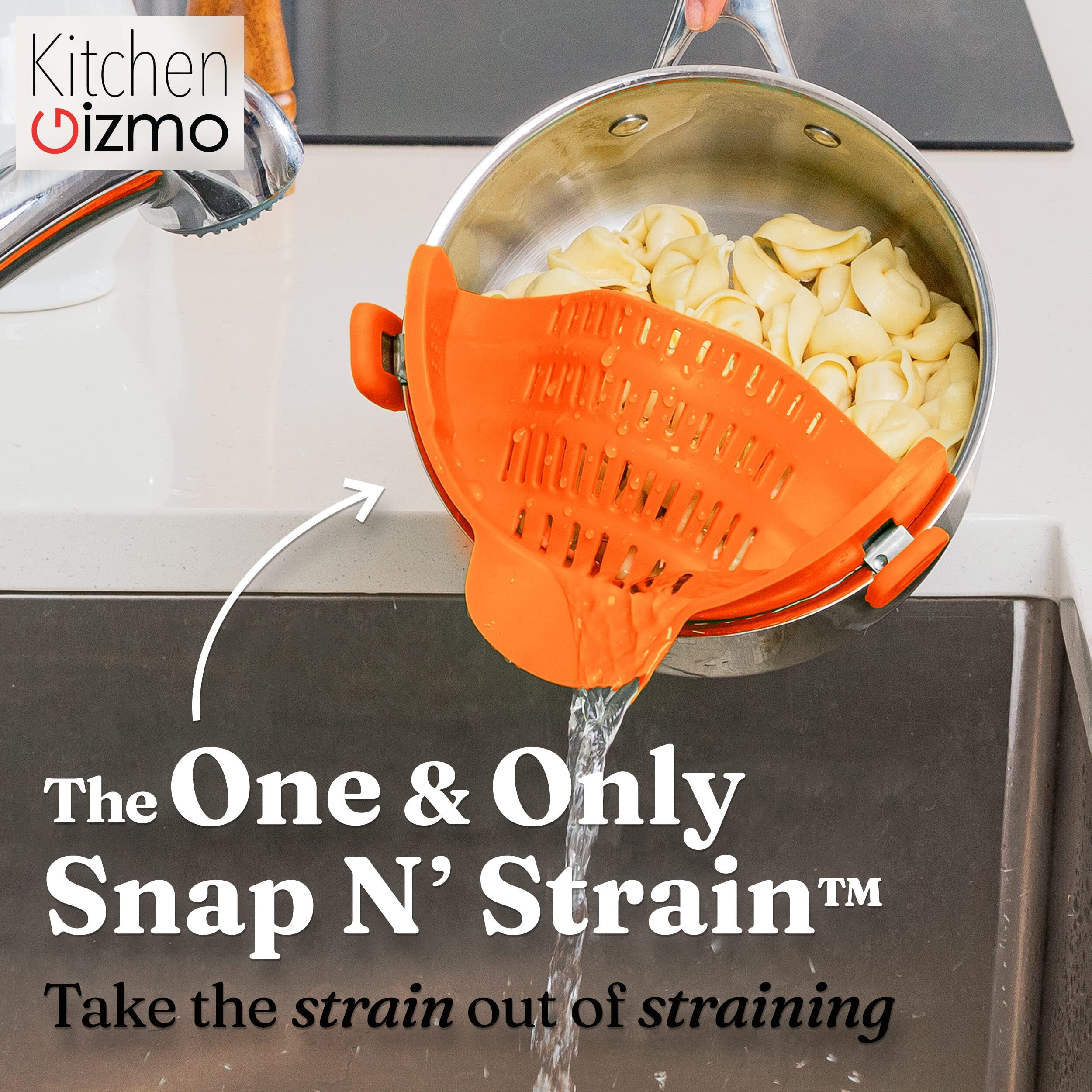 Kitchen Gizmo Snap N Strain Pot Strainer And Pasta Strainer - Adjustable Silicone Clip On Strainer For Pots, Pans, And Bowls - Kitchen Colander - Orange
