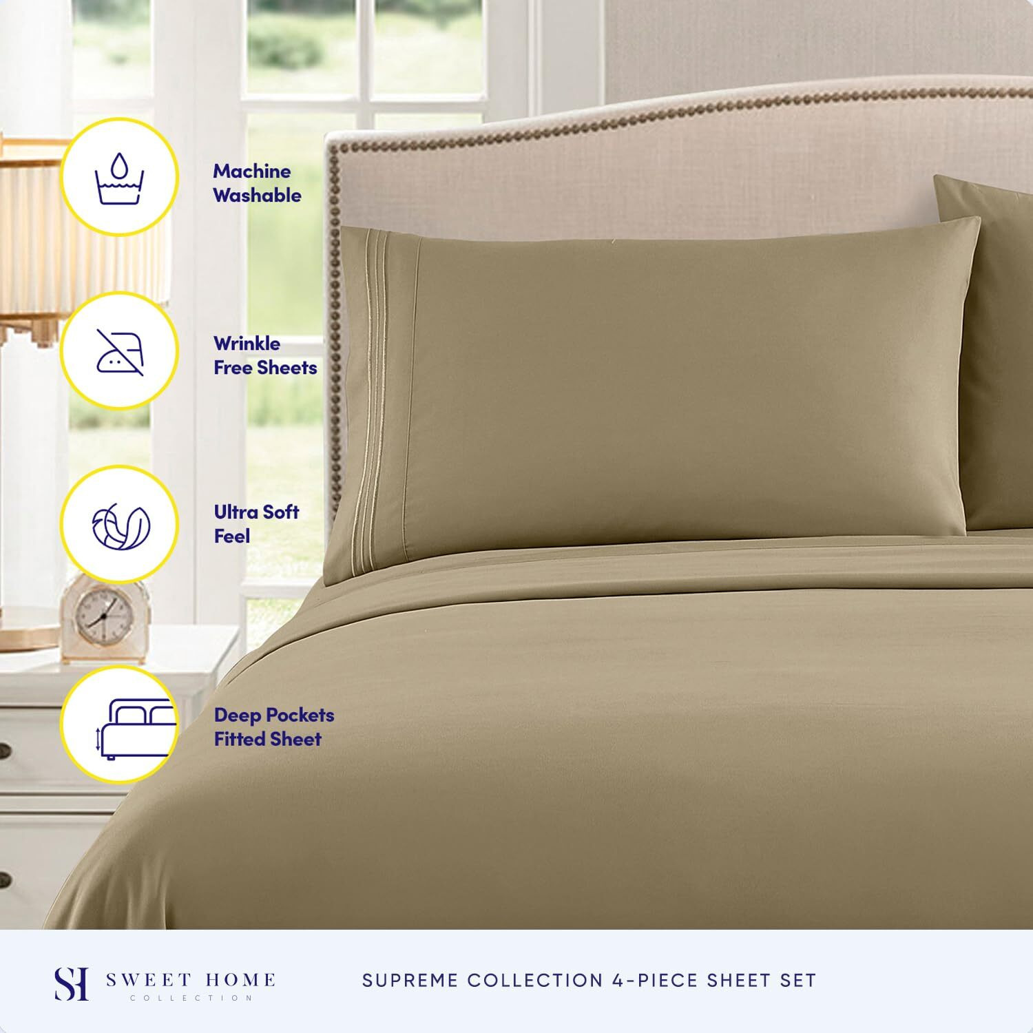 Split King Sheets - Breathable Luxury Sheets With Full Elastic & Secure Corner Straps Built In - 1800 Supreme Collection Extra Soft Deep Pocket Bedding Set, Sheet Set, Split King Size, Sage