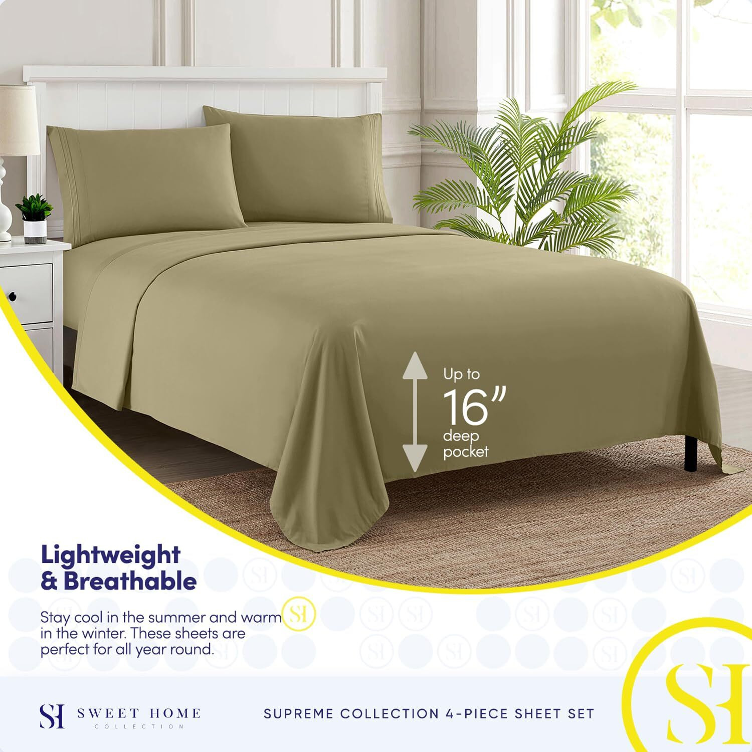 Split King Sheets - Breathable Luxury Sheets With Full Elastic & Secure Corner Straps Built In - 1800 Supreme Collection Extra Soft Deep Pocket Bedding Set, Sheet Set, Split King Size, Sage