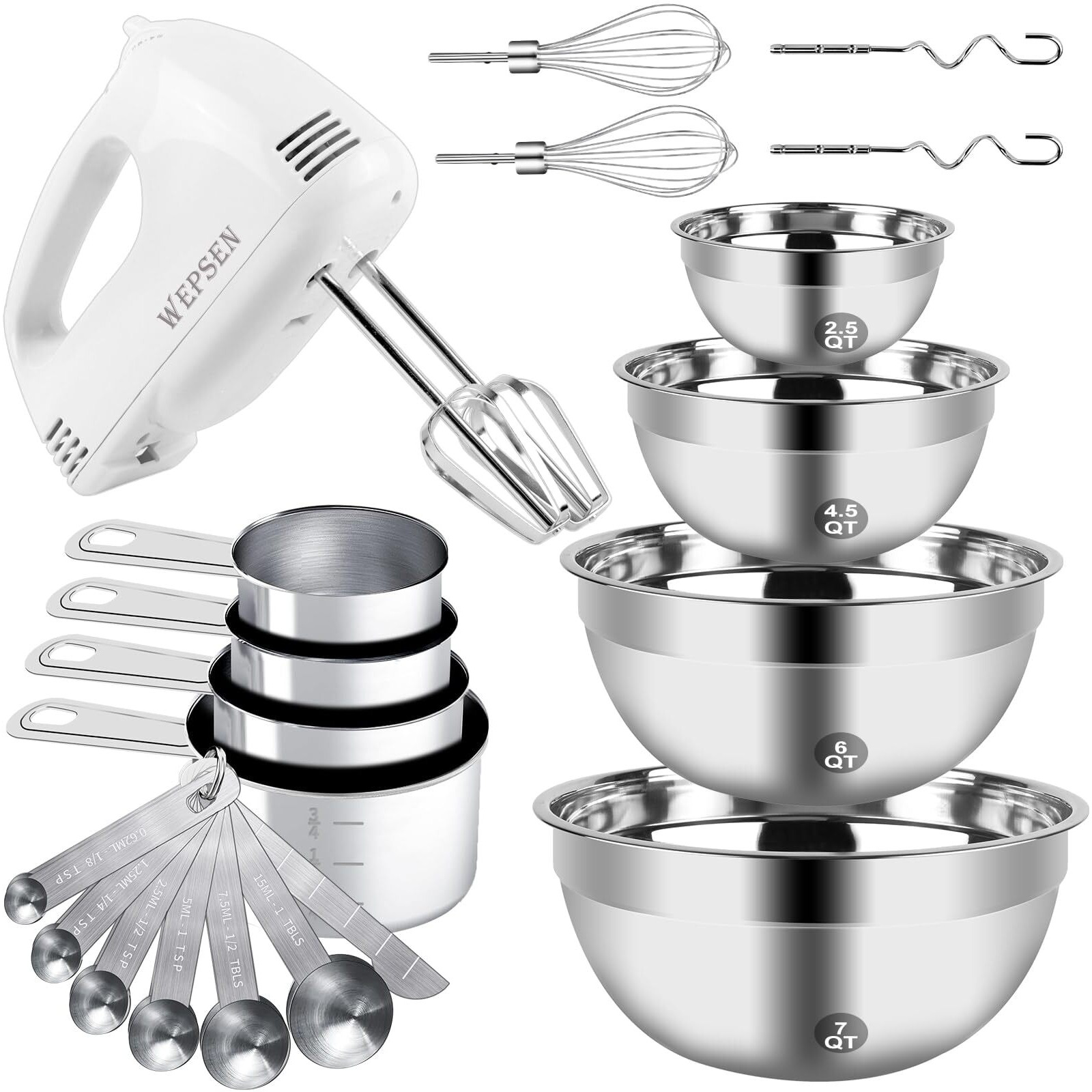 Wepsen Hand Mixer Electric Mixing Bowls Set, 5 Speeds Handheld Mixer With 4 Nesting Stainless Steel Mixing Bowl, Measuring Cups Spoons 200W Kitchen Blender Whisk Beater Baking Supplies For Beginner