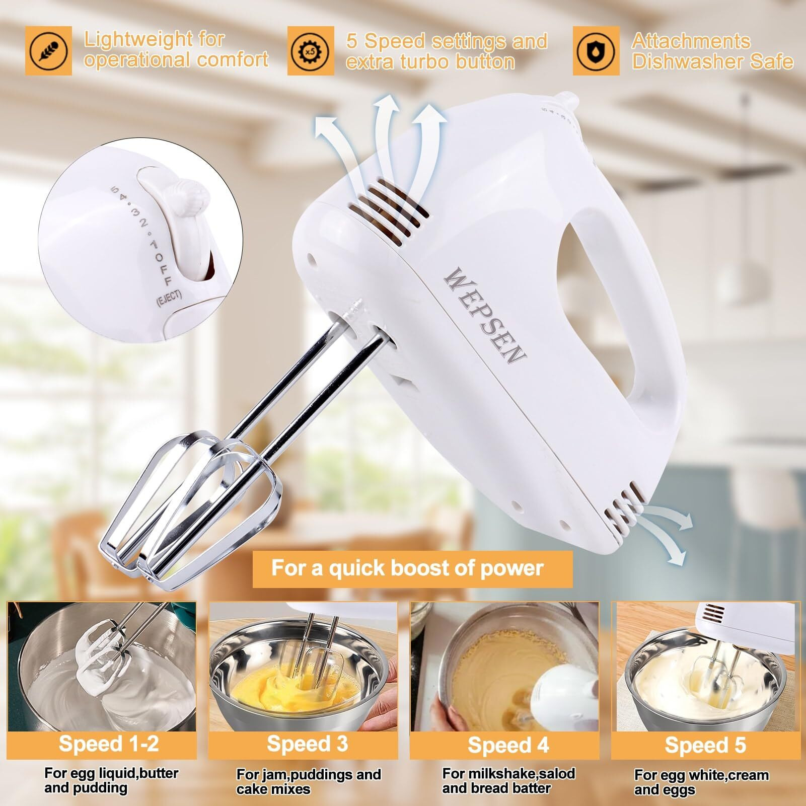 Wepsen Hand Mixer Electric Mixing Bowls Set, 5 Speeds Handheld Mixer With 4 Nesting Stainless Steel Mixing Bowl, Measuring Cups Spoons 200W Kitchen Blender Whisk Beater Baking Supplies For Beginner