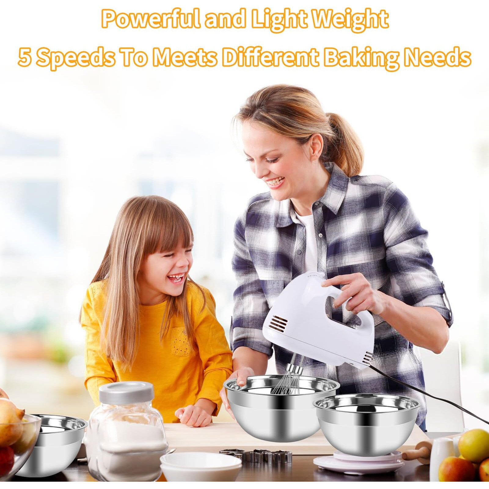 Wepsen Hand Mixer Electric Mixing Bowls Set, 5 Speeds Handheld Mixer With 4 Nesting Stainless Steel Mixing Bowl, Measuring Cups Spoons 200W Kitchen Blender Whisk Beater Baking Supplies For Beginner