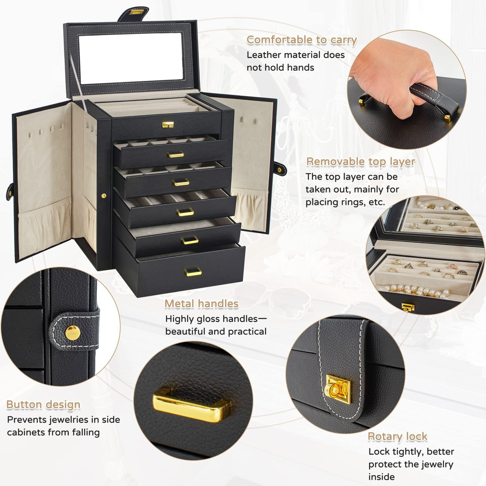 Akozlin Huge Jewelry Box Organizer Functional Extra Large Leather Jewelry Storage Case For Women Girls Ring Necklace Earring Bracelet Holder Organizer With Mirror Black