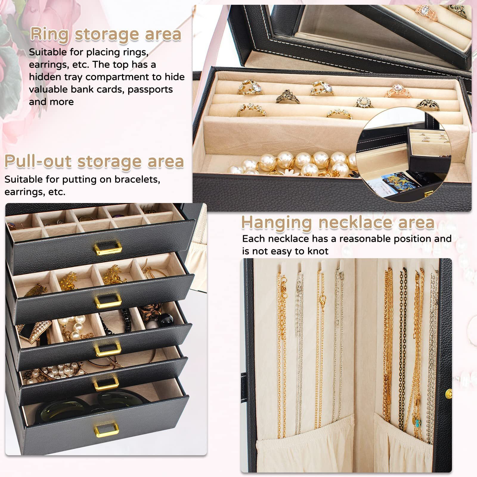 Akozlin Huge Jewelry Box Organizer Functional Extra Large Leather Jewelry Storage Case For Women Girls Ring Necklace Earring Bracelet Holder Organizer With Mirror Black