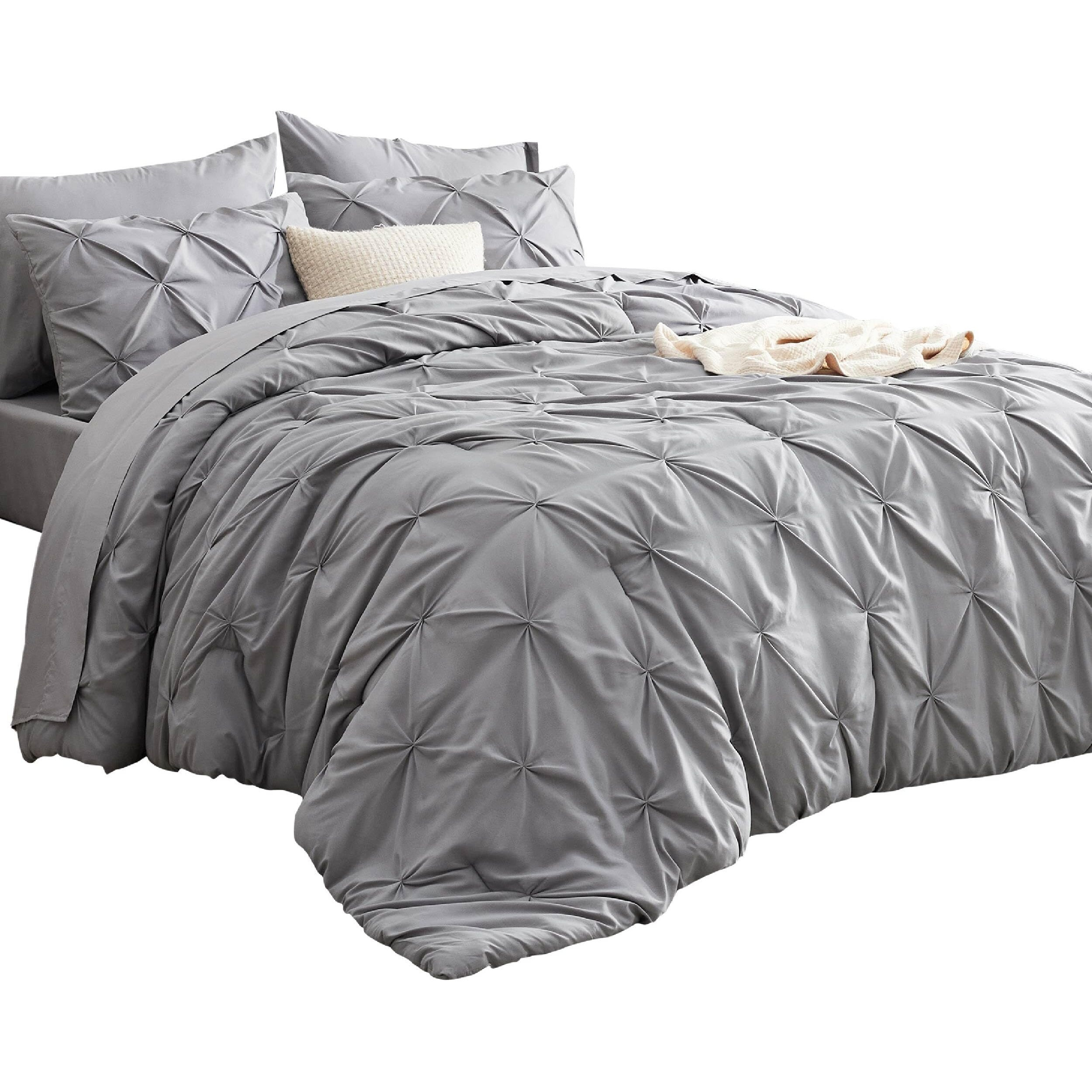 Bedsure Queen Comforter Set Grey - Bed In A Bag Queen Size 7 Pieces, Gentlesoft Pintuck Bed Set Gift For Family, Pinch Pleat Grey Comforter With Sheets, Pillowcases & Shams