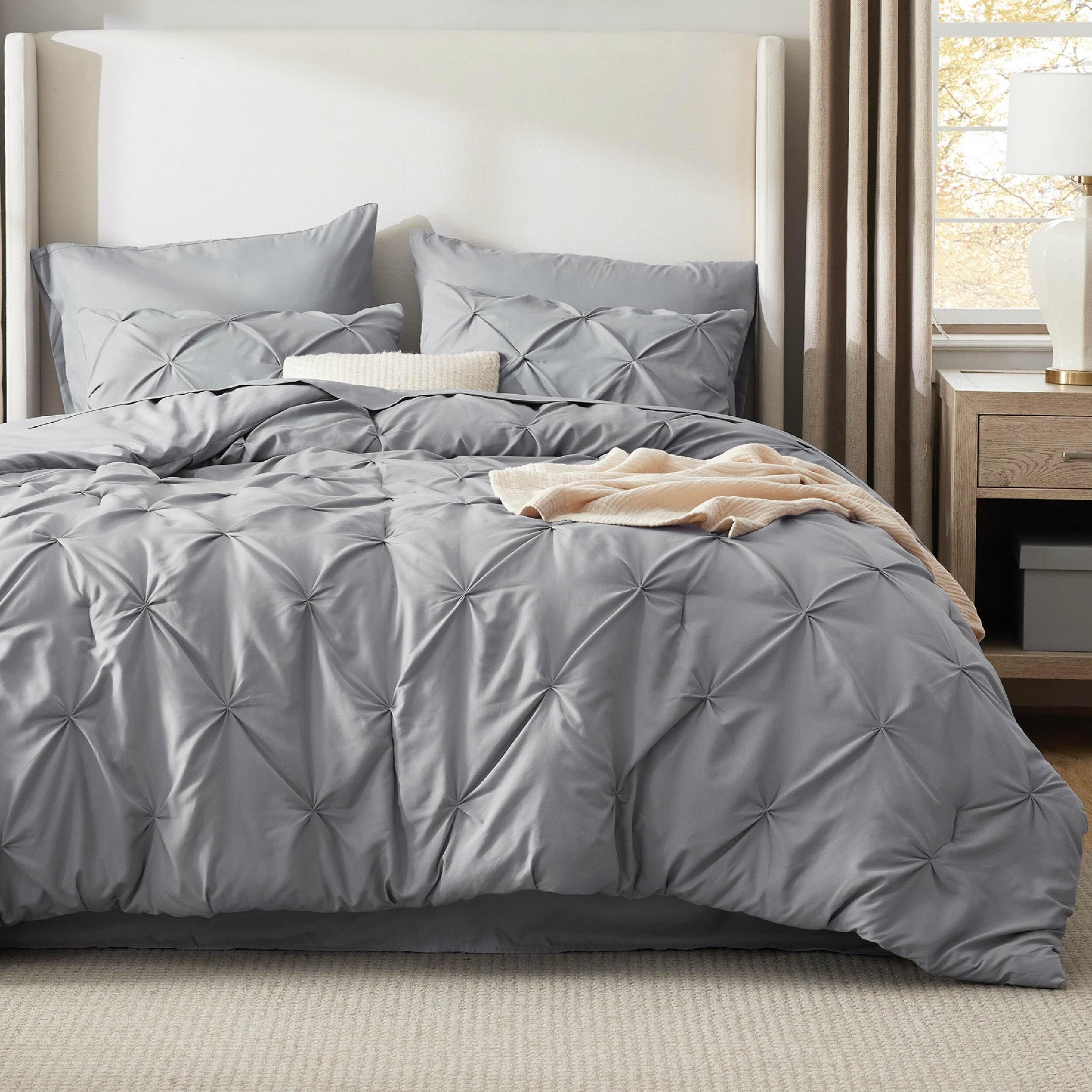 Bedsure Queen Comforter Set Grey - Bed In A Bag Queen Size 7 Pieces, Gentlesoft Pintuck Bed Set Gift For Family, Pinch Pleat Grey Comforter With Sheets, Pillowcases & Shams