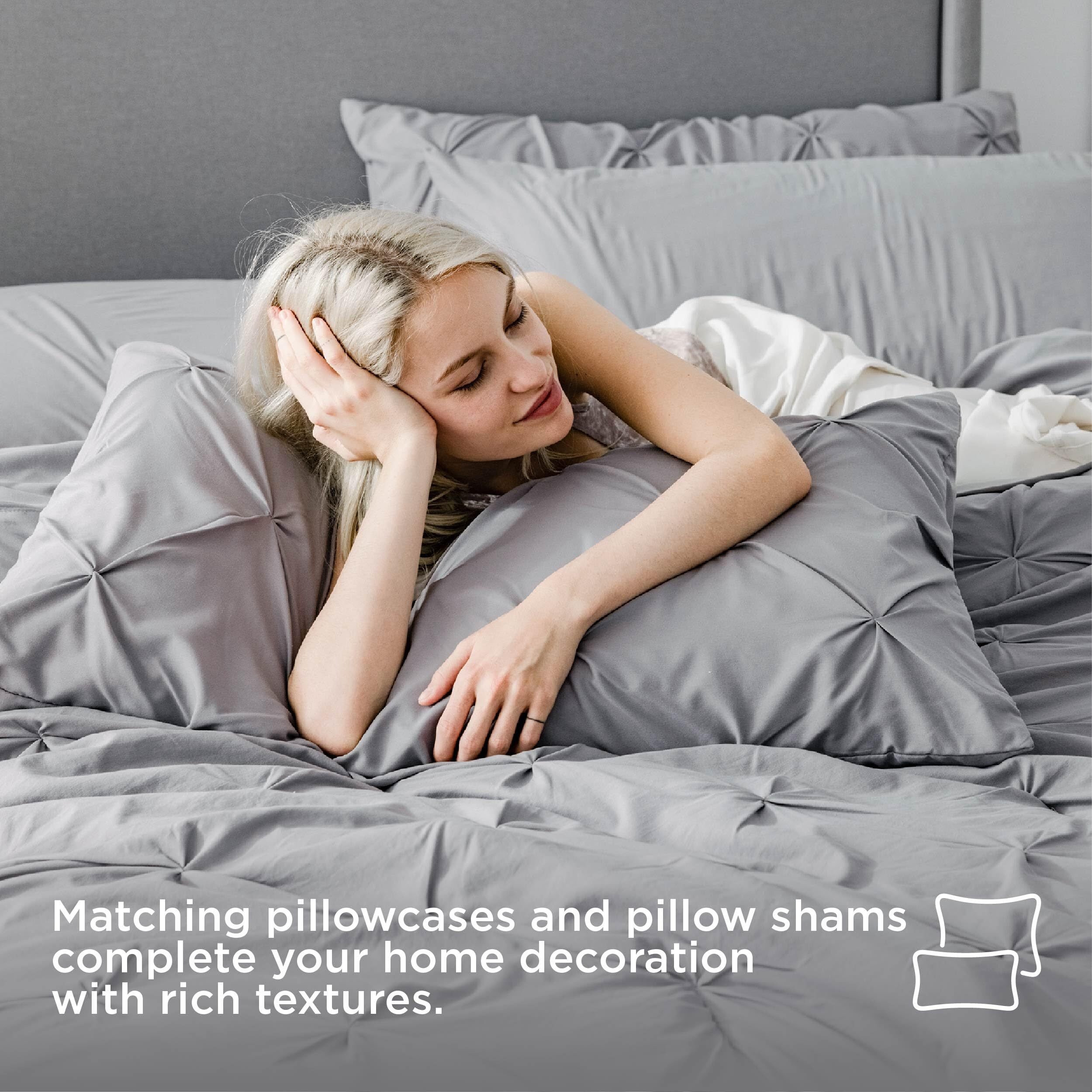 Bedsure Queen Comforter Set Grey - Bed In A Bag Queen Size 7 Pieces, Gentlesoft Pintuck Bed Set Gift For Family, Pinch Pleat Grey Comforter With Sheets, Pillowcases & Shams