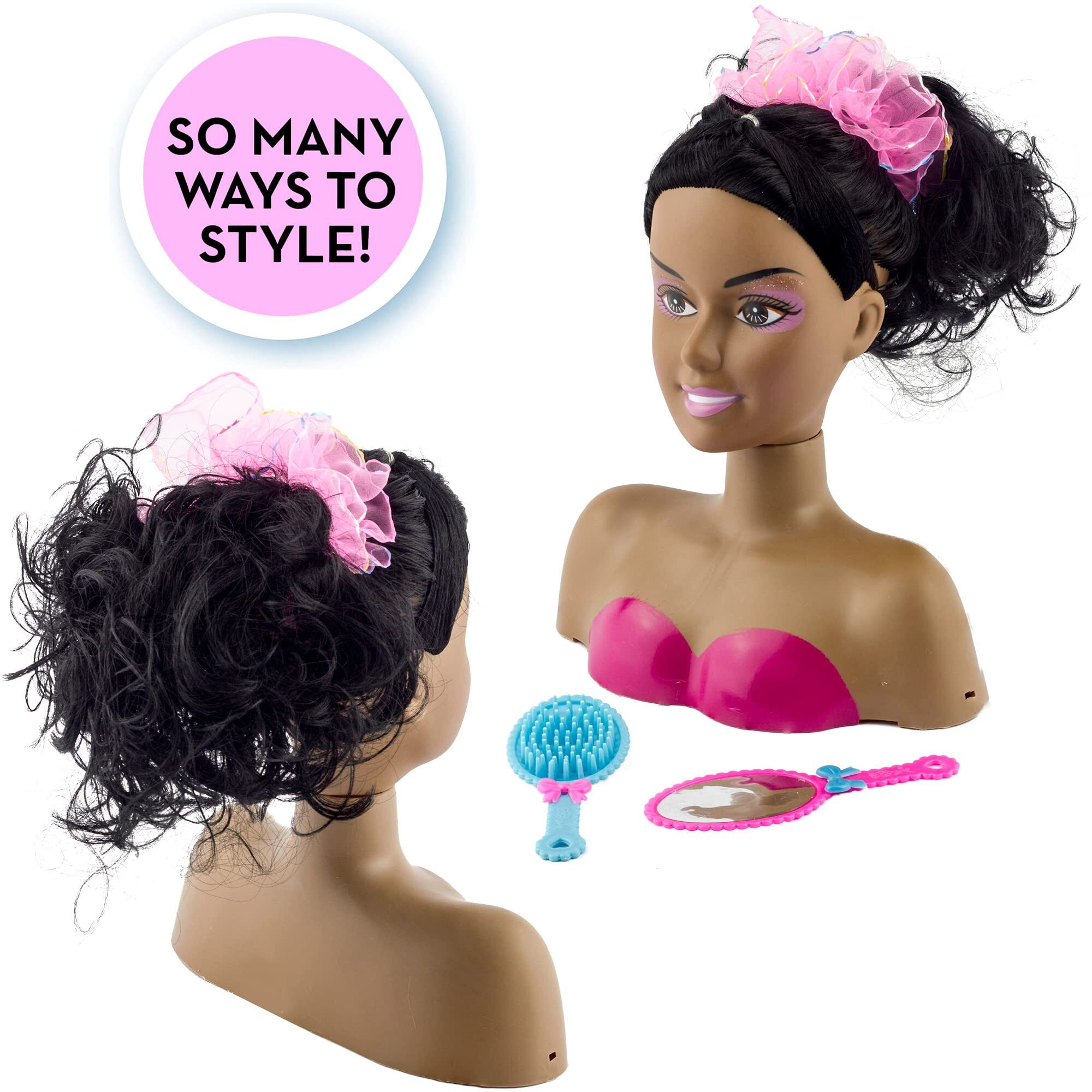 Liberty Imports African American Black Makeup And Hair Styling Doll Head Toy Playset With Real Washable Cosmetic And Fashion Dress Up Accessories For Girls Pretend Play
