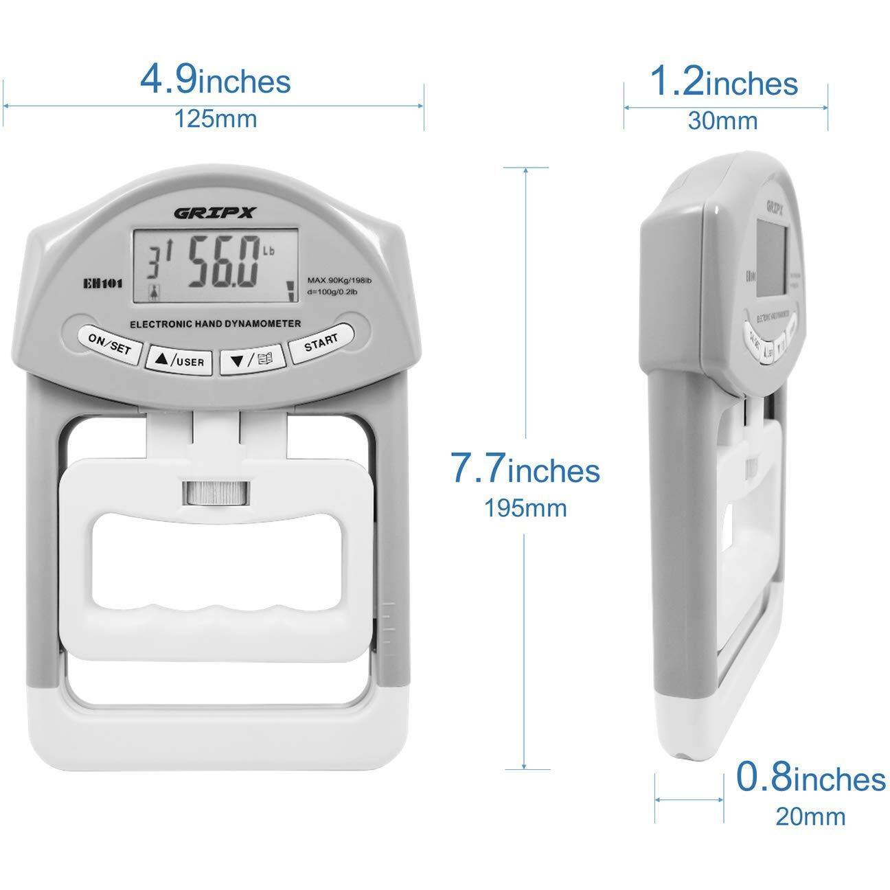 Gripx Digital Hand Dynamometer Grip Strength Measurement Meter Auto Capturing Electronic Hand Grip Power 198Lbs / 90Kgs