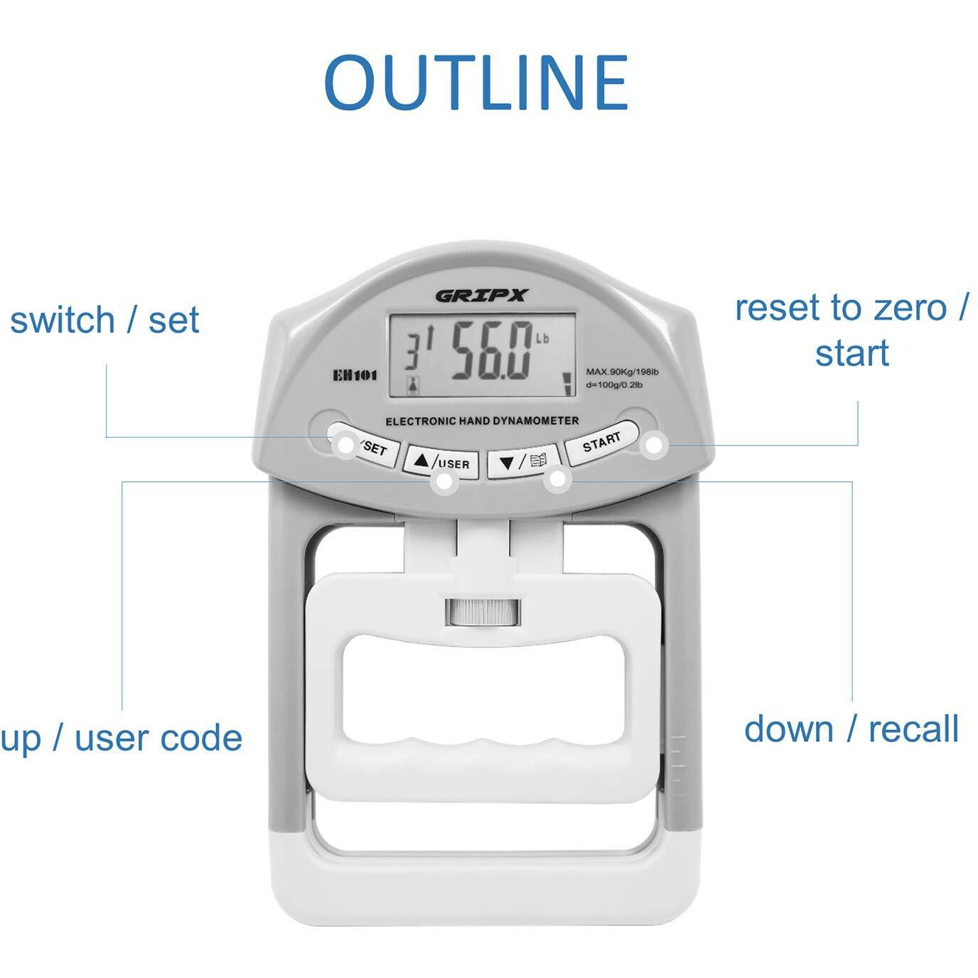 Gripx Digital Hand Dynamometer Grip Strength Measurement Meter Auto Capturing Electronic Hand Grip Power 198Lbs / 90Kgs