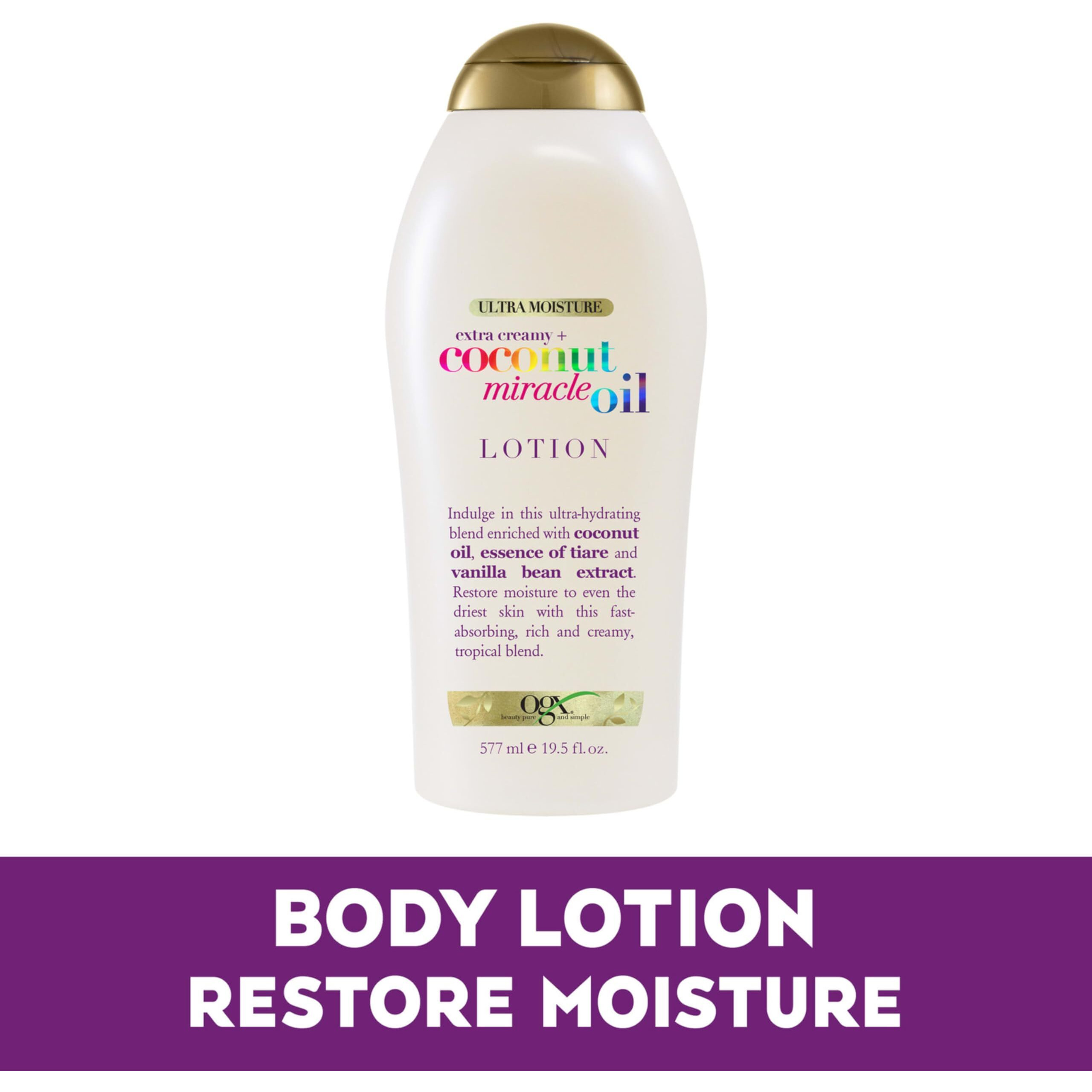 Ogx Extra Creamy + Coconut Miracle Oil Ultra Moisture Body Lotion With Vanilla Bean, Fast-Absorbing Lotion For All Skin Types, Paraben-Free And Sulfated-Surfactants Free, 19.5 Fl Oz