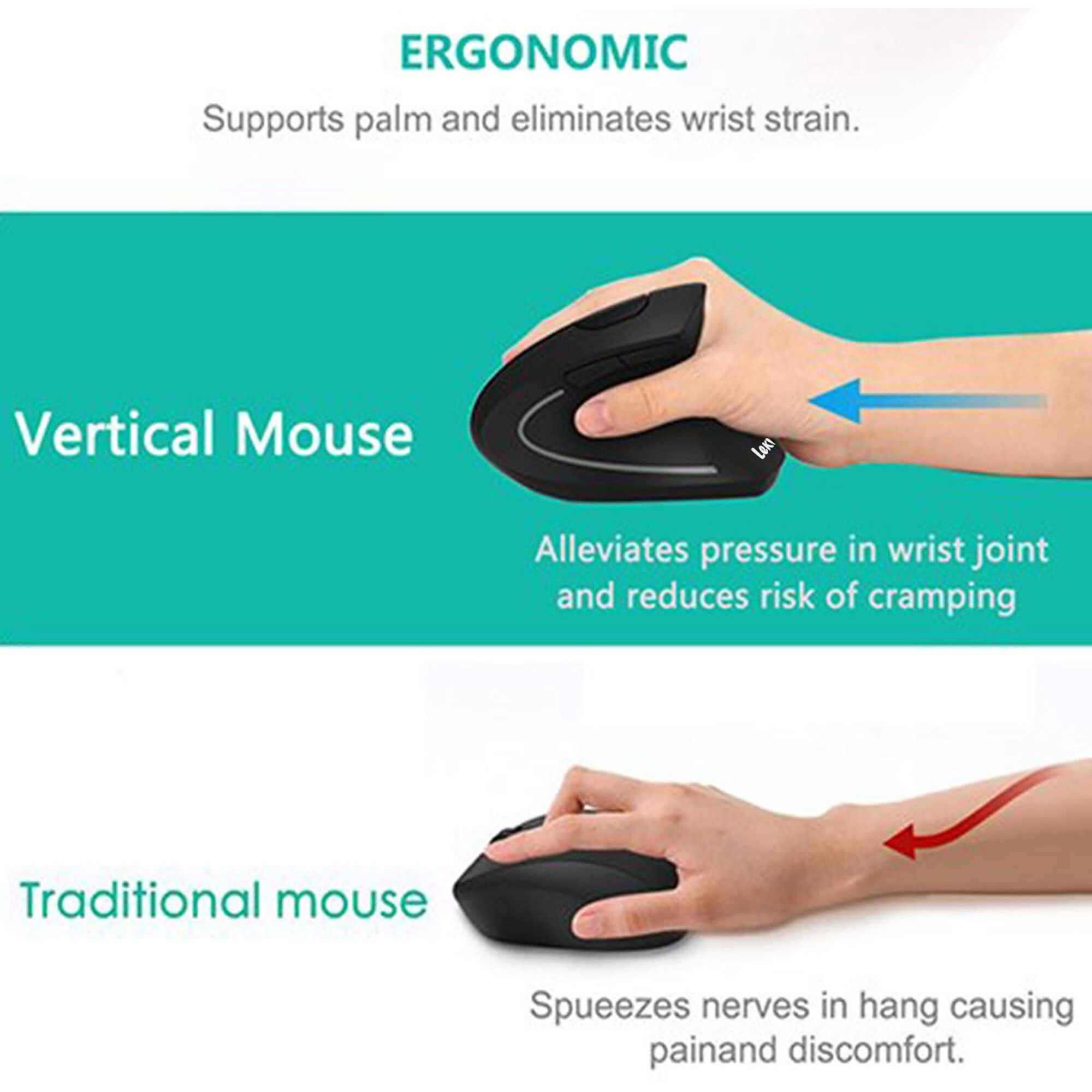 Lekvey Ergonomic Mouse, Vertical Wireless Mouse - Rechargeable 2.4Ghz Optical Vertical Mice  3 Adjustable Dpi 800/1200/1600 Levels 6 Buttons, For Laptop, Pc, Computer, Desktop, Notebook Etc, Black